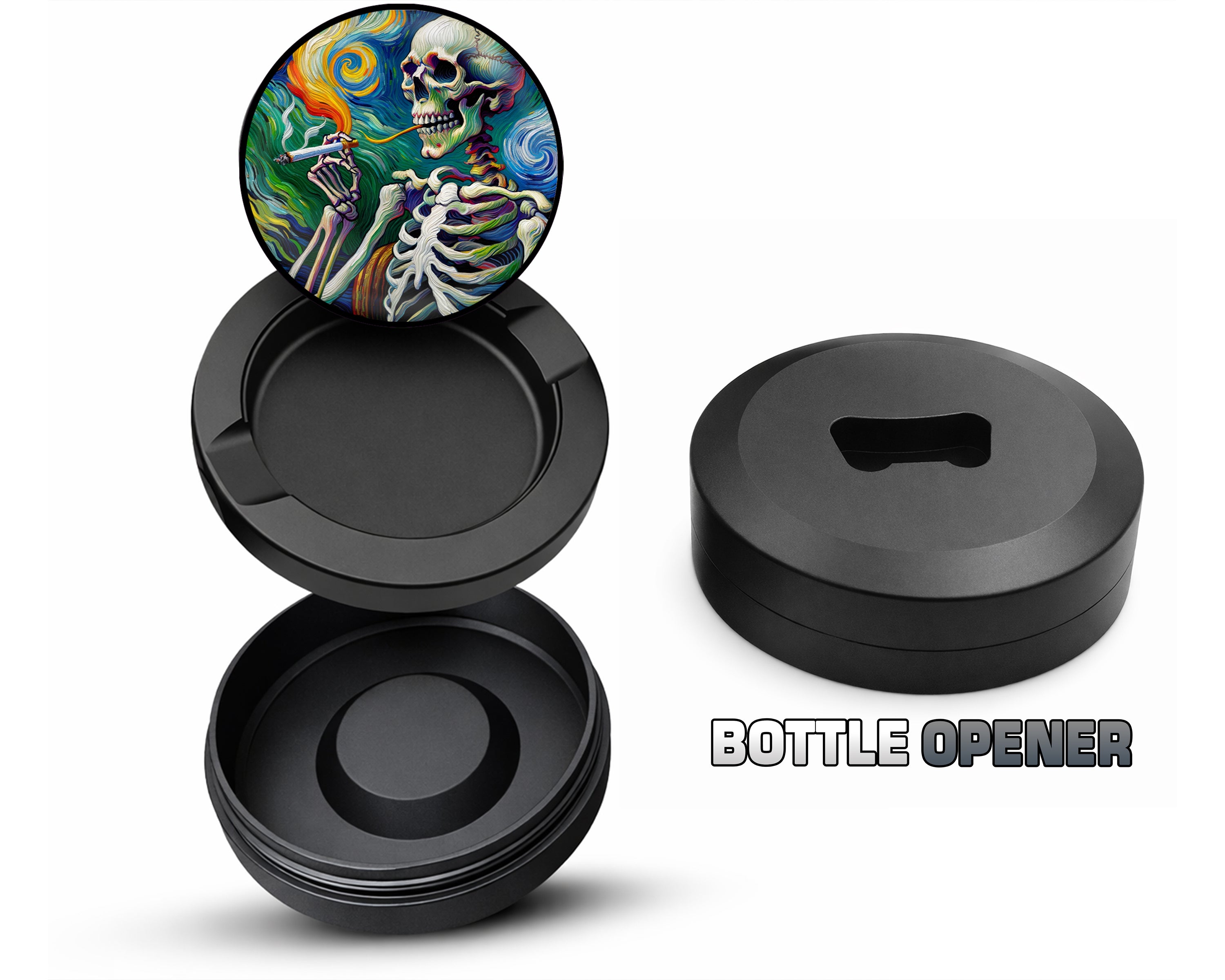 Skeleton Grinder Van Gogh Style Snus Storage Case Bottle Opener