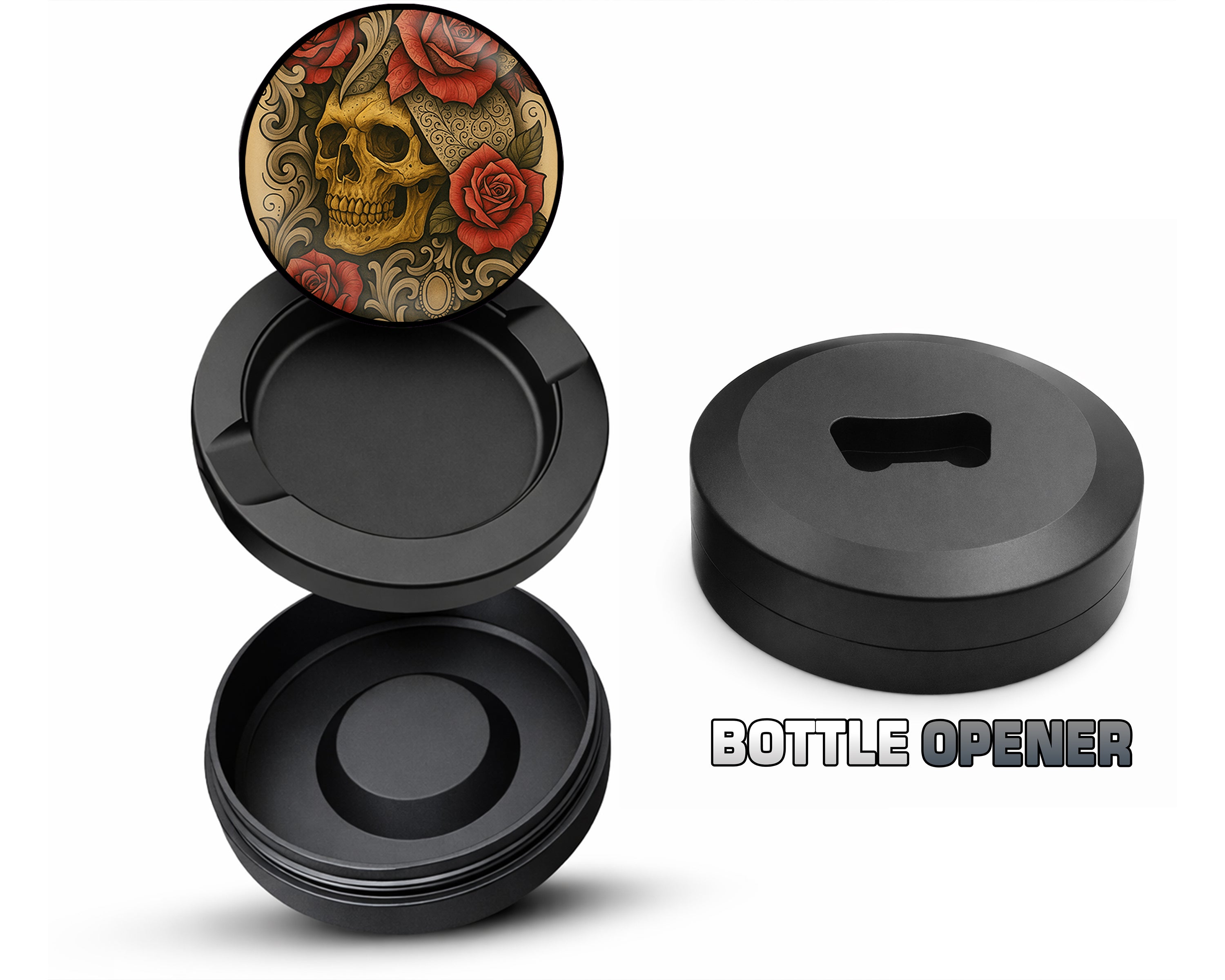 Grunge Skull and Rose Flash Art Circle Design Snus Storage Case Bottle Opener