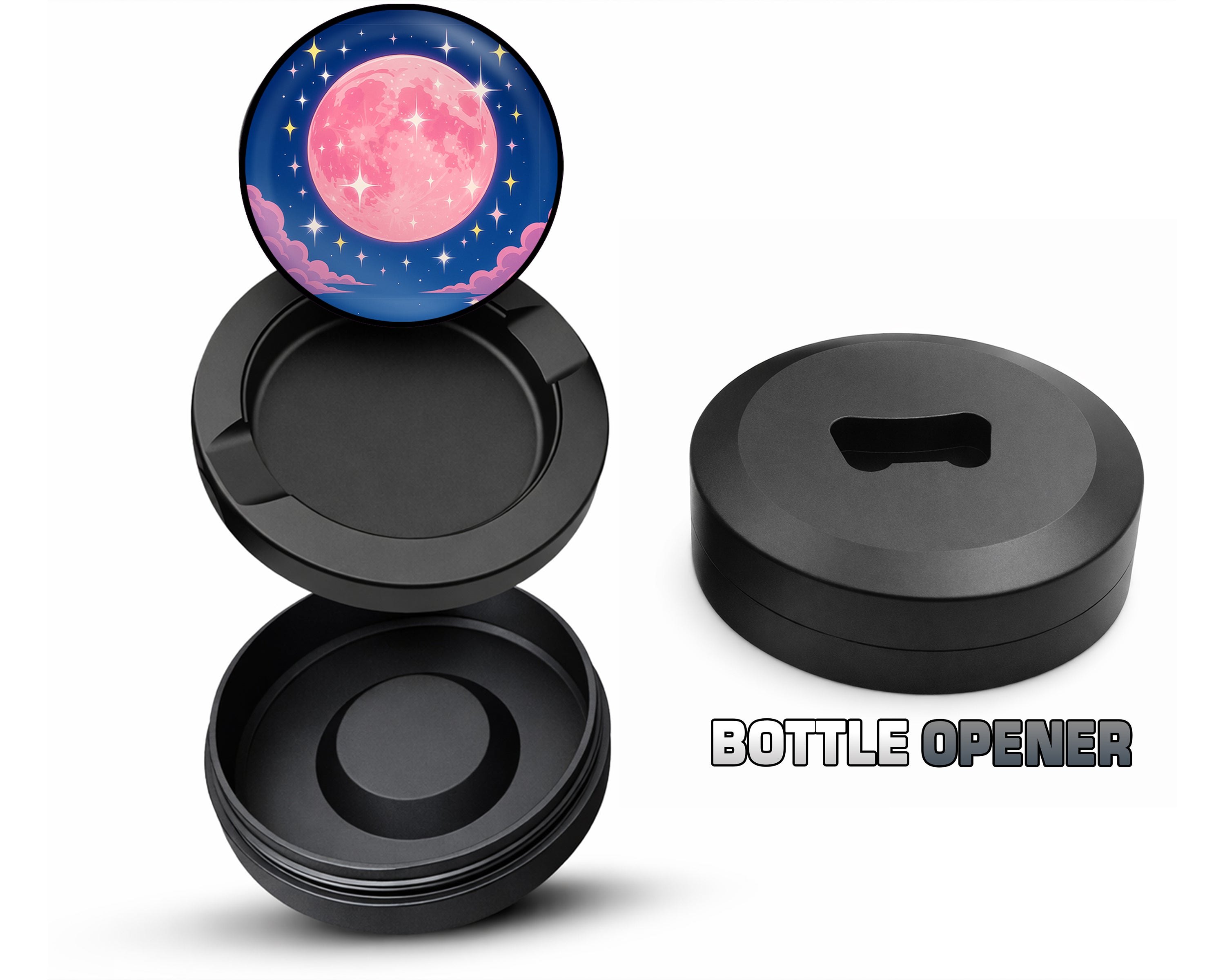 Pink Kawaii Crescent Moon with Stars Snus Storage Case Bottle Opener