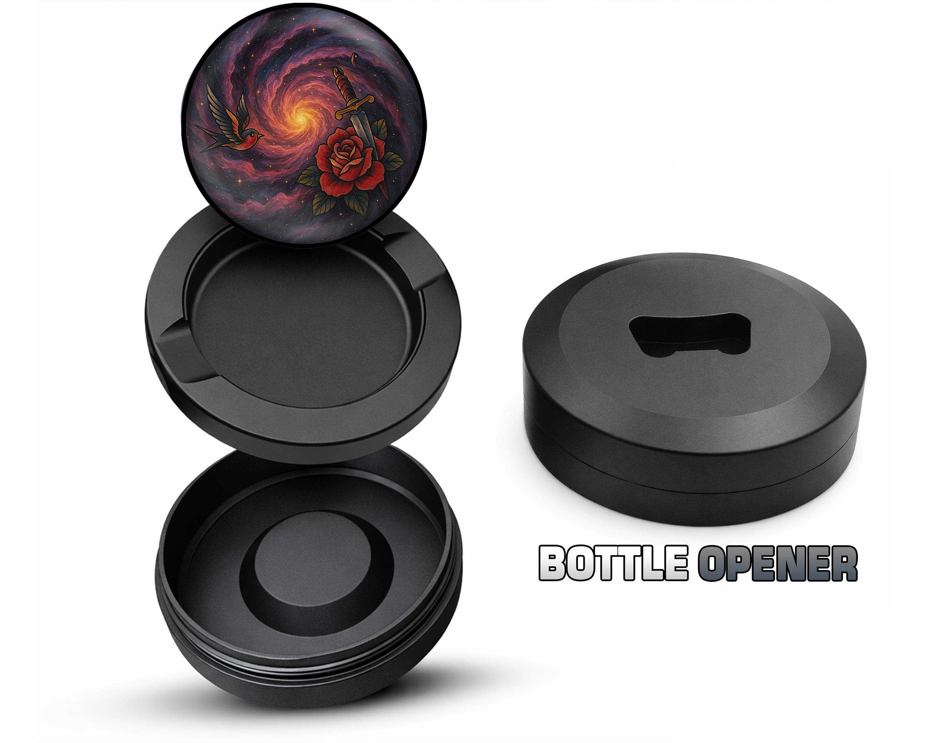 Black Hole Galaxy Spiral with Red Rose Snus Storage Case Bottle Opener