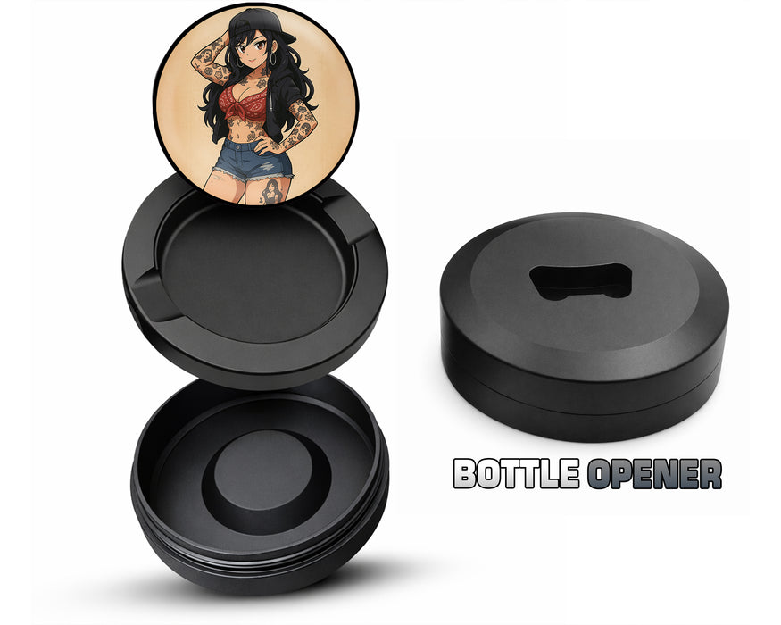 Anime Retro Pin-Up Girl with Long Hair and Tattoos Snus Storage Case Bottle Opener
