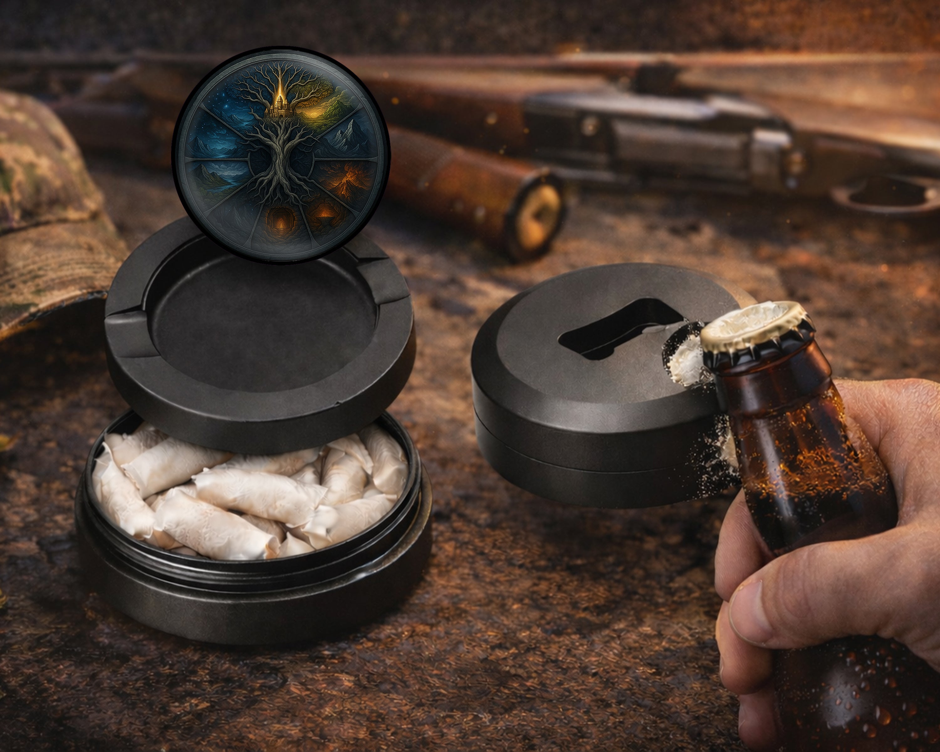 Yggdrasil Nine Realms Wheel Snus Storage Case Bottle Opener