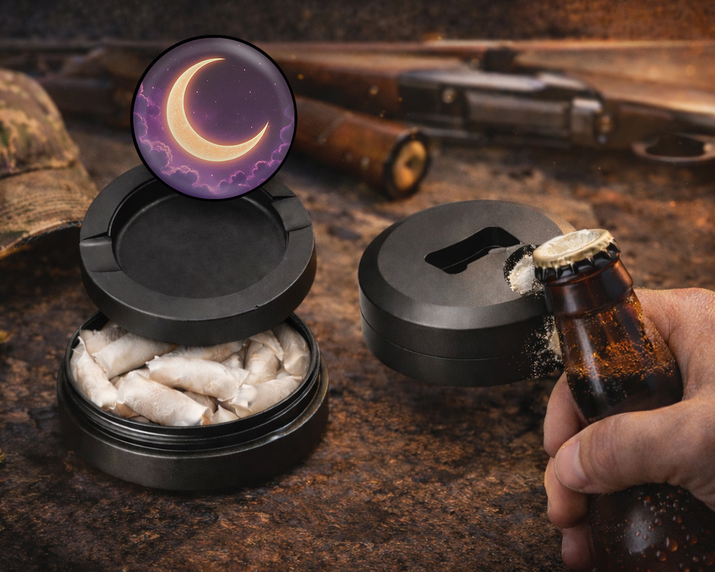Crescent Moon in Dreamy Night Sky Snus Storage Case Bottle Opener