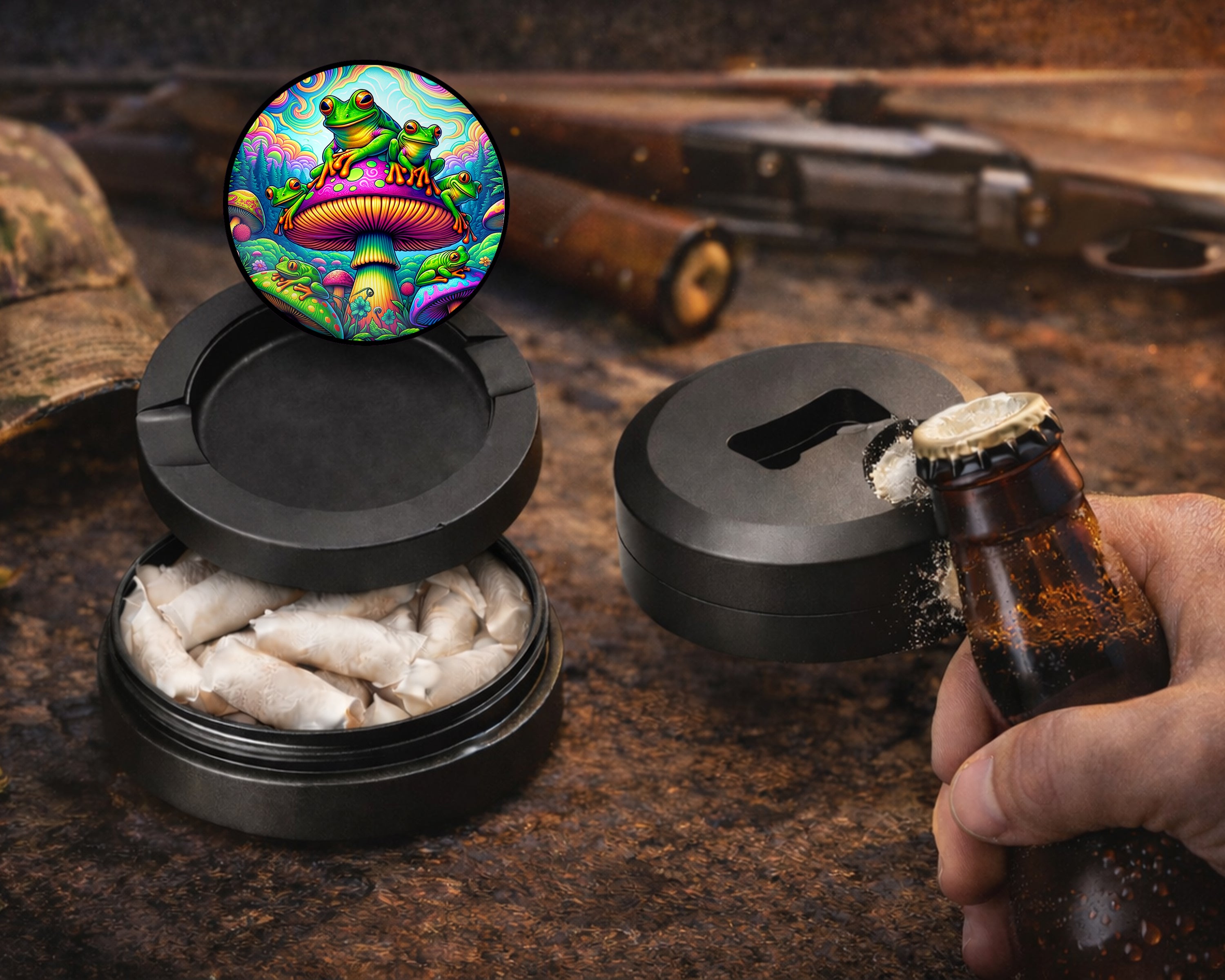 Trippy Mushroom Frog Snus Storage Case Bottle Opener