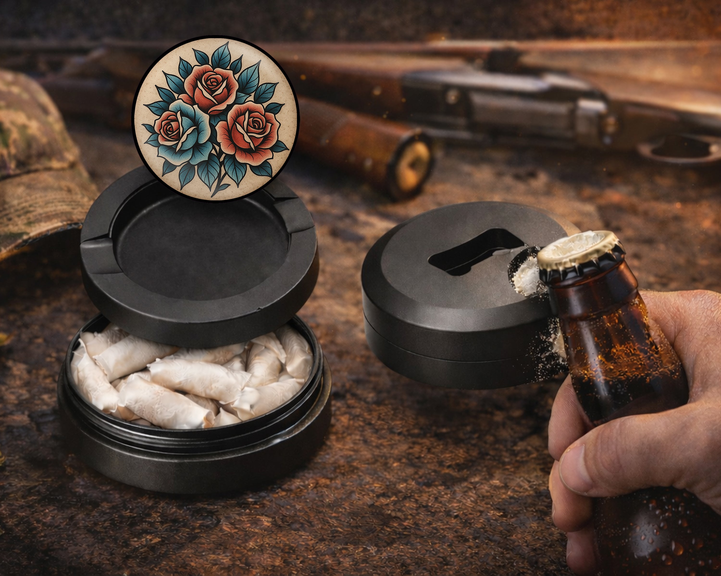 Traditional Red Rose Tattoo Design on Beige Snus Storage Case Bottle Opener