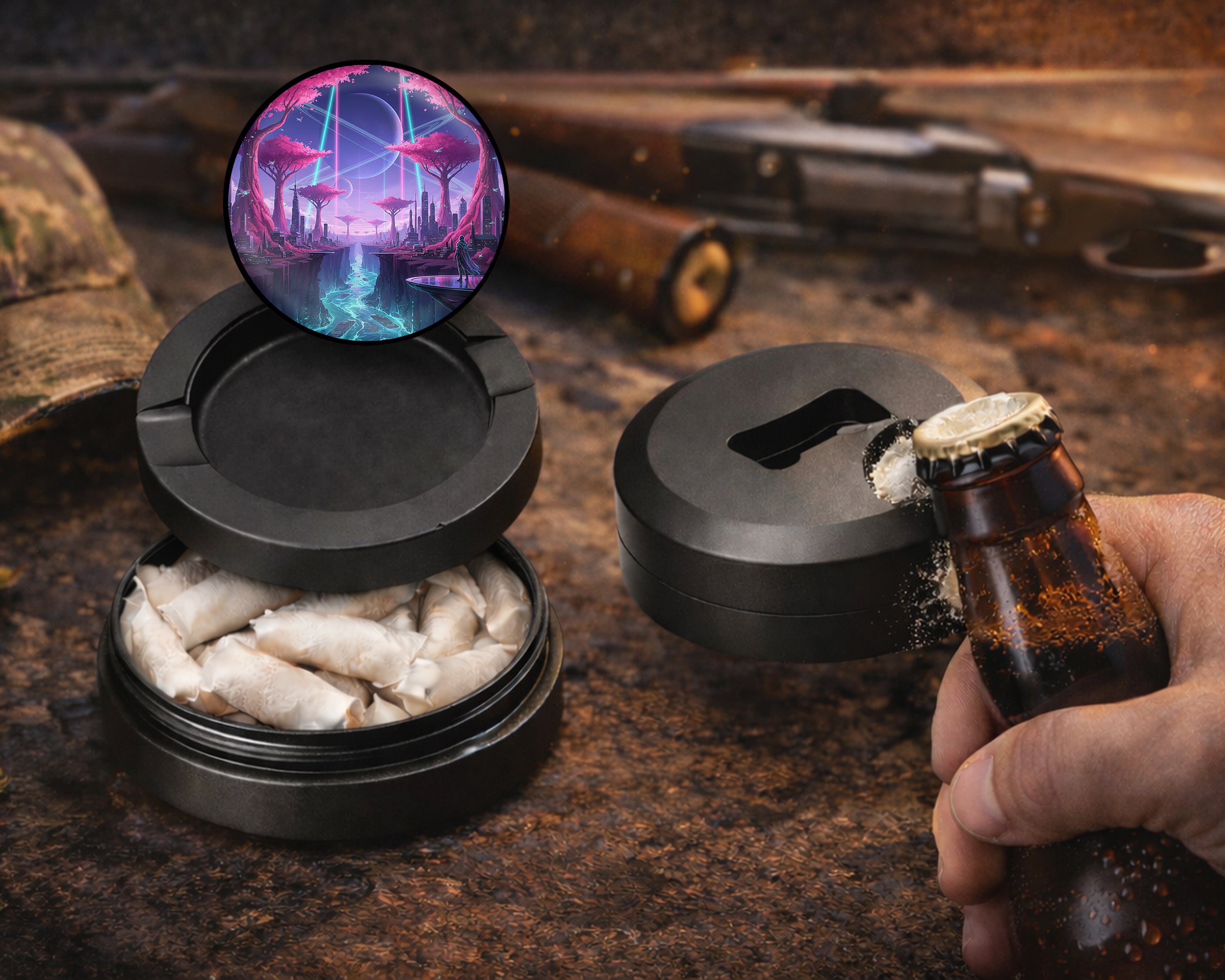 Cyberpunk Neon City Sci-Fi Skyline Art Snus Storage Case Bottle Opener