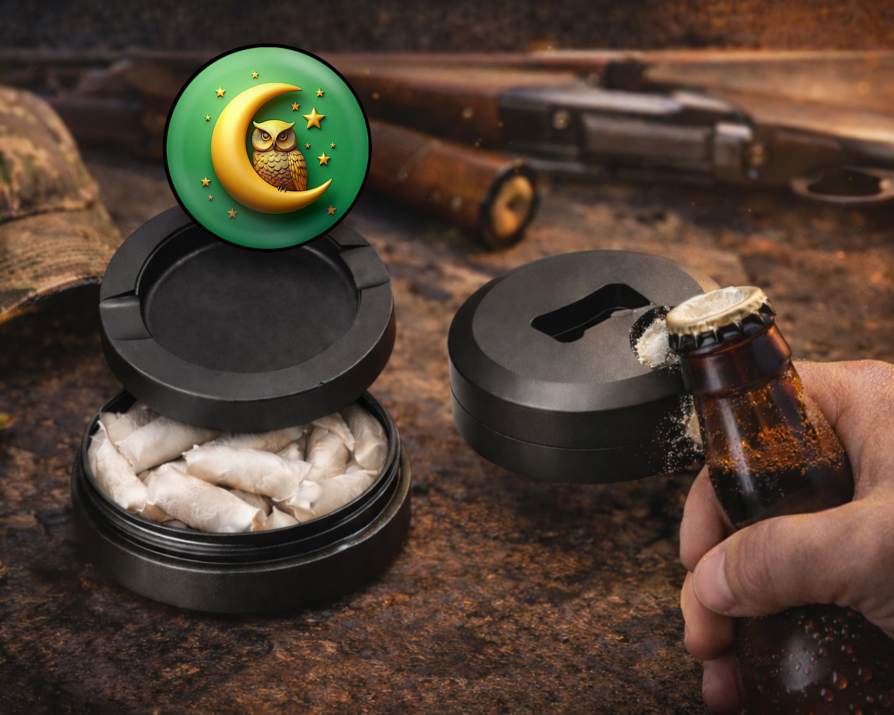 Owl Perched On A Golden Moon Snus Storage Case Bottle Opener