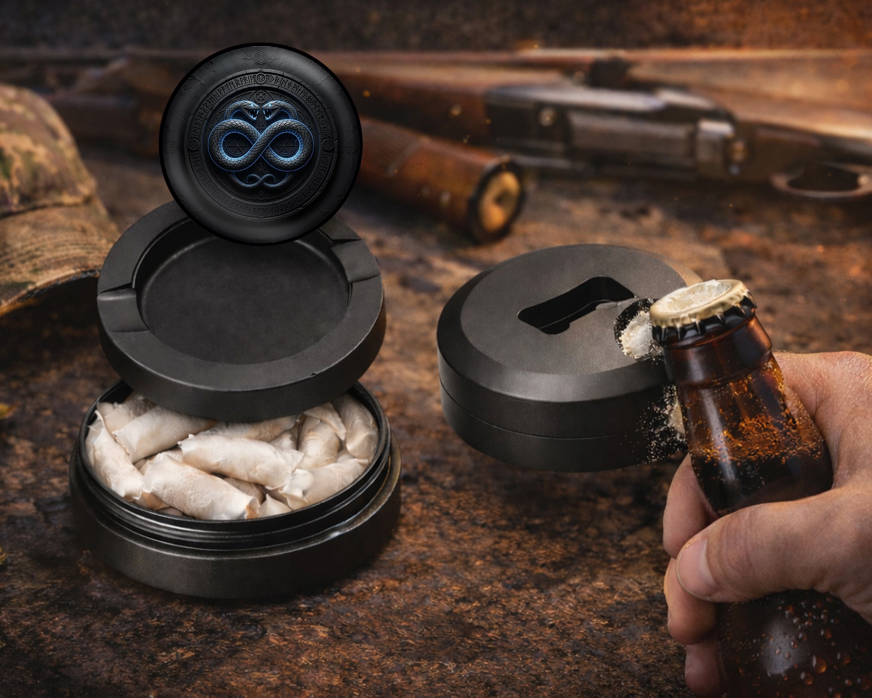 Infinity Serpents Rune Circle Snus Storage Case Bottle Opener