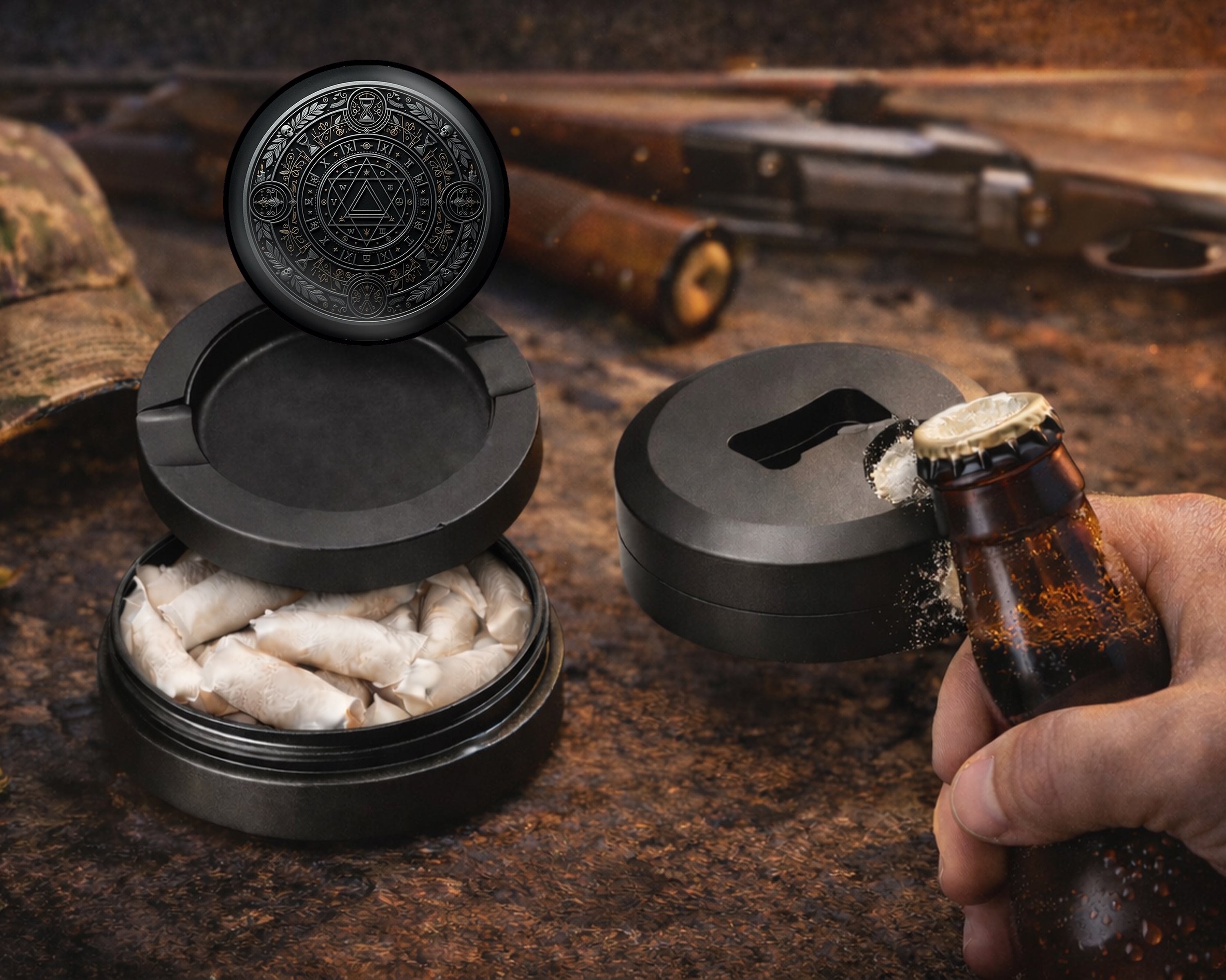 Occult Timekeeper Alchemy Seal Snus Storage Case Bottle Opener