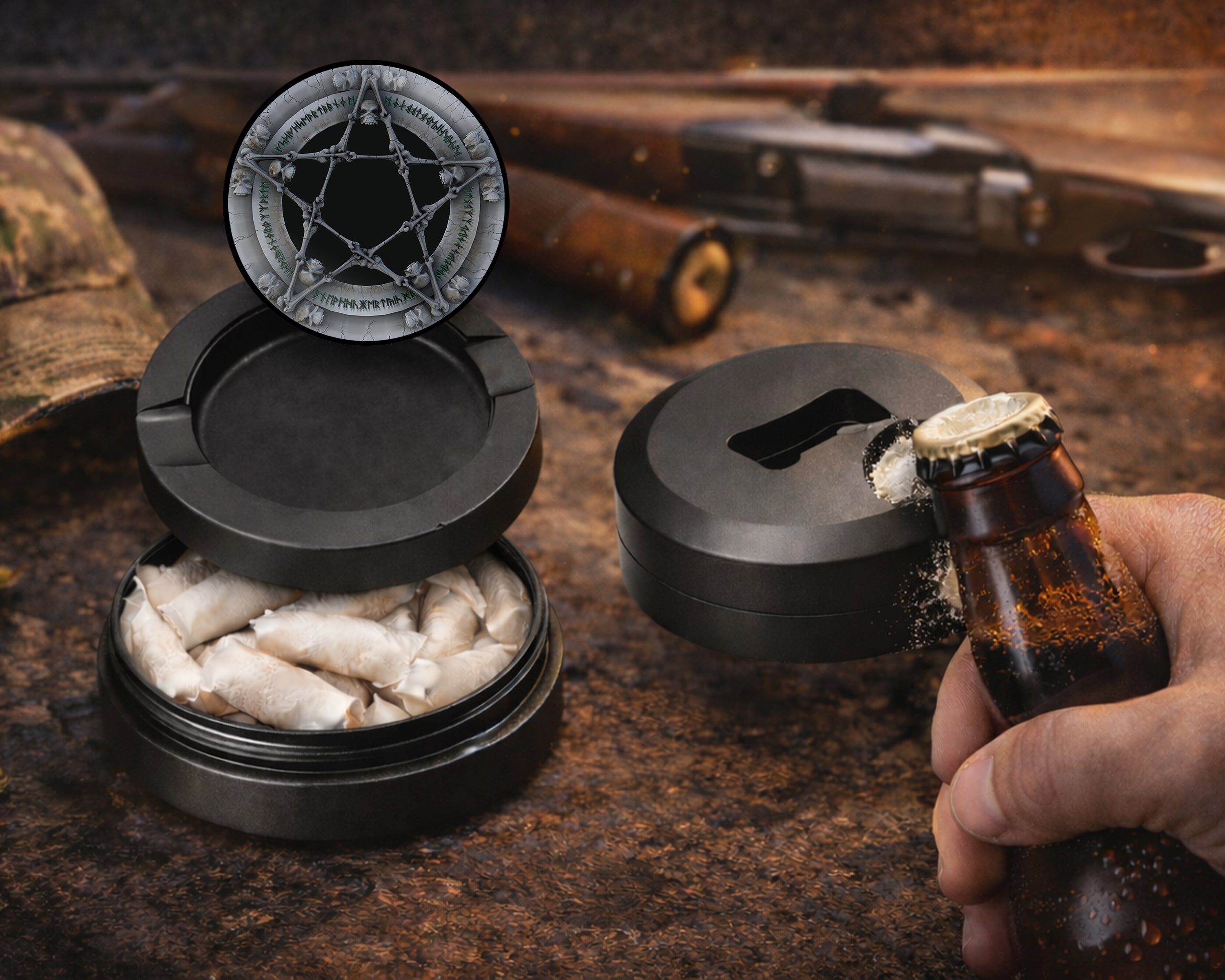 Skull & Bones Pentagram Snus Storage Case Bottle Opener