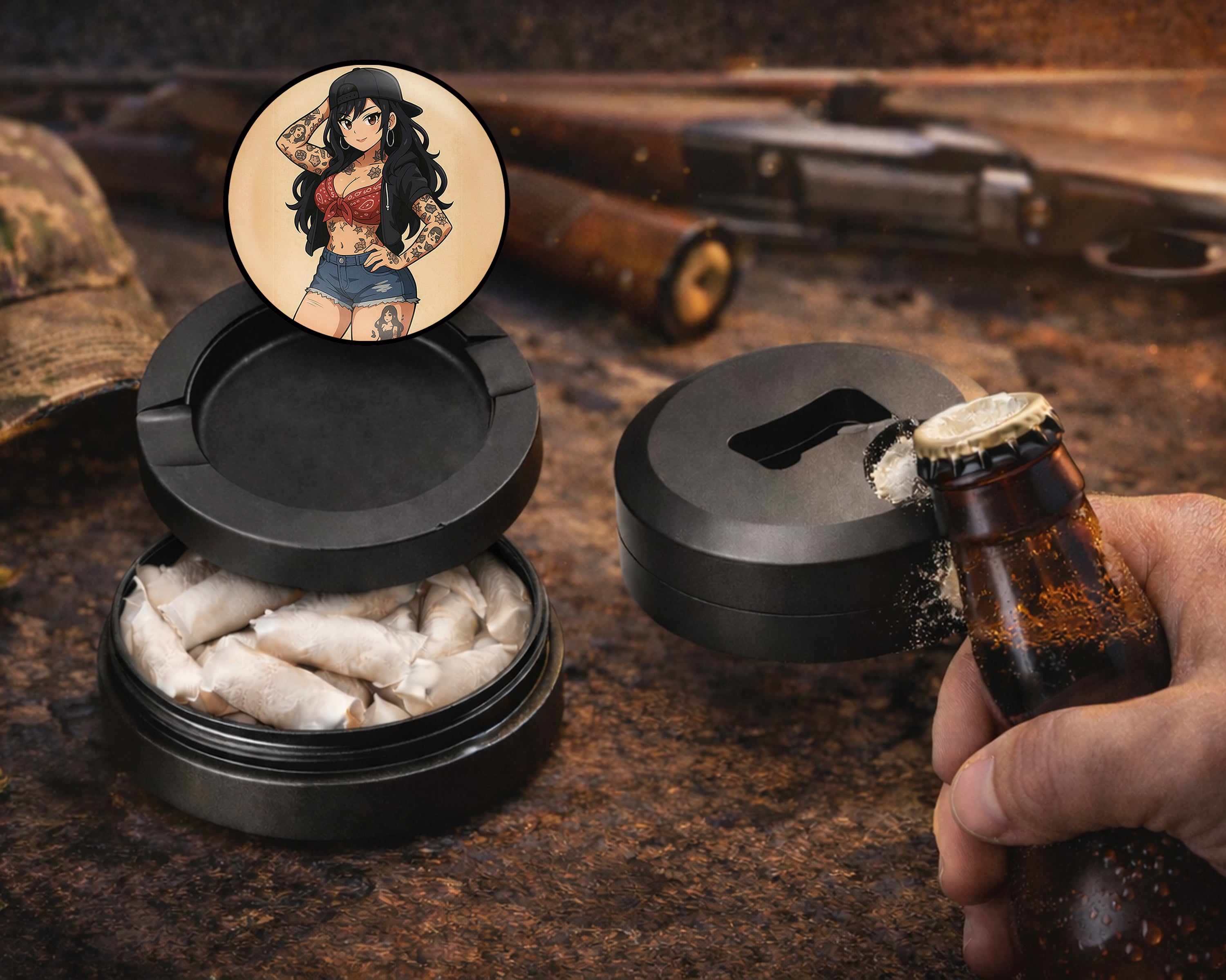 Anime Retro Pin-Up Girl with Long Hair and Tattoos Snus Storage Case Bottle Opener