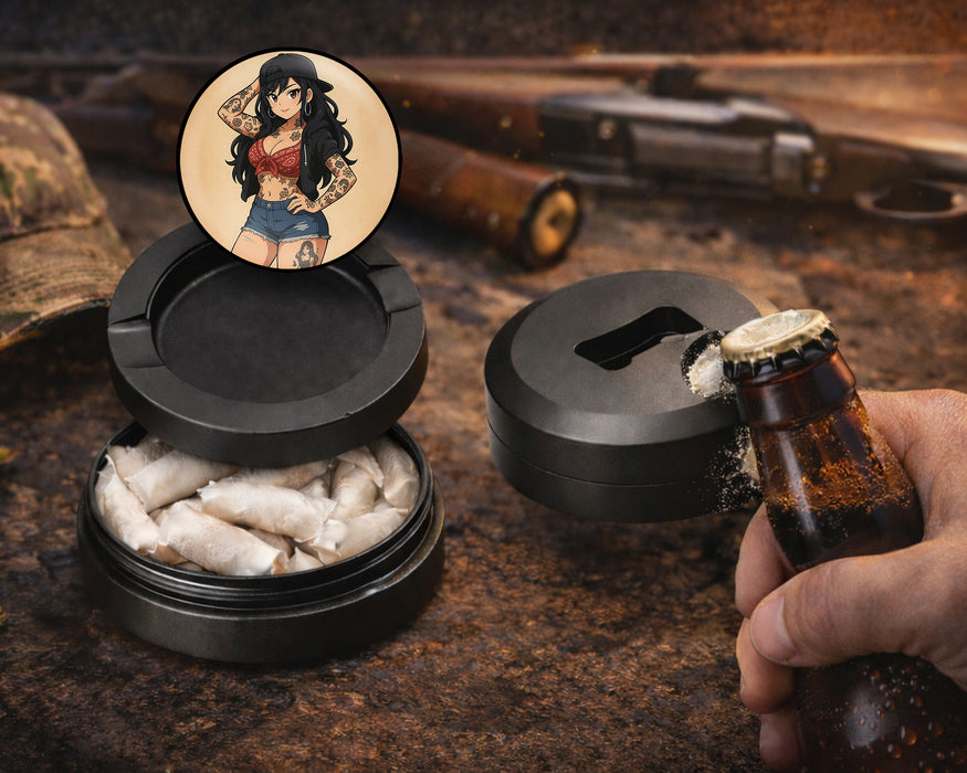 Anime Retro Pin-Up Girl with Long Hair and Tattoos Snus Storage Case Bottle Opener