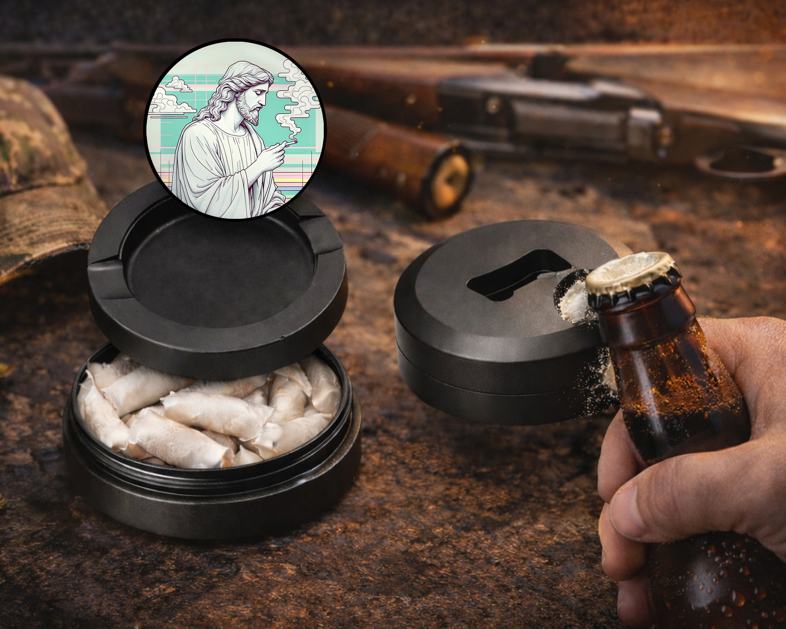 Jesus With Cig Vaporwave Snus Storage Case Bottle Opener