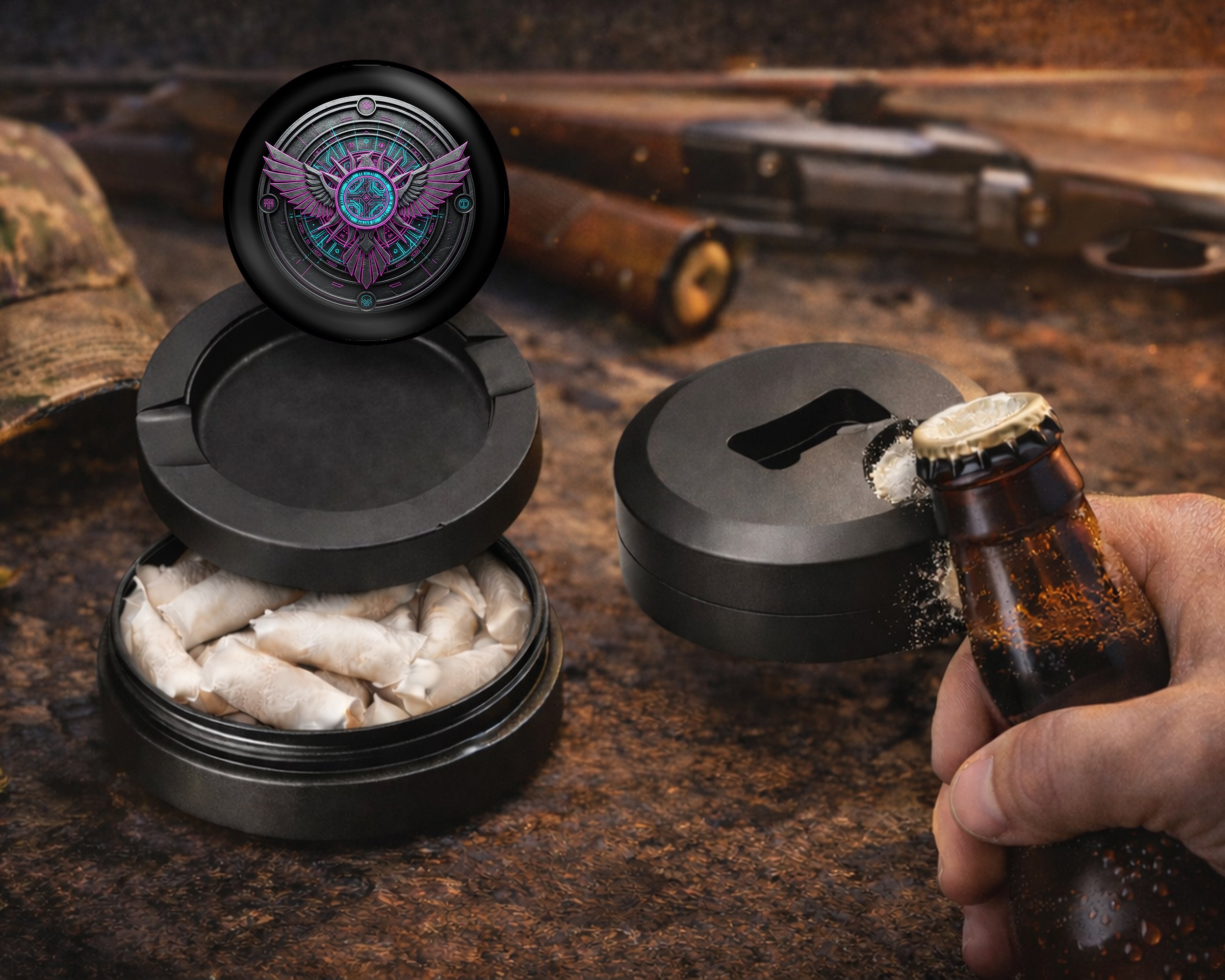 Cyberpunk Winged Circuit Emblem Snus Storage Case Bottle Opener