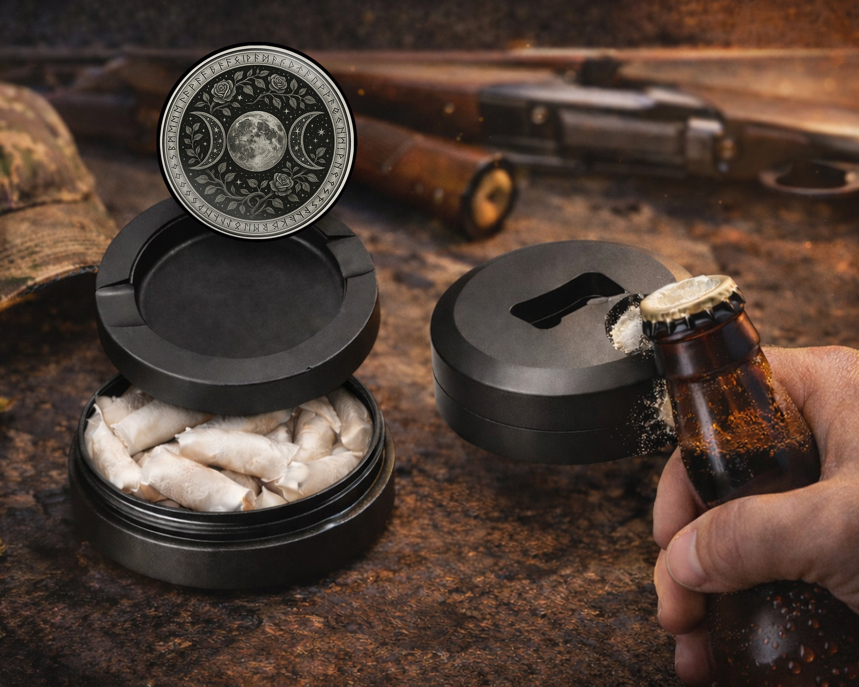 Triple Moon Rose Sigil Snus Storage Case Bottle Opener