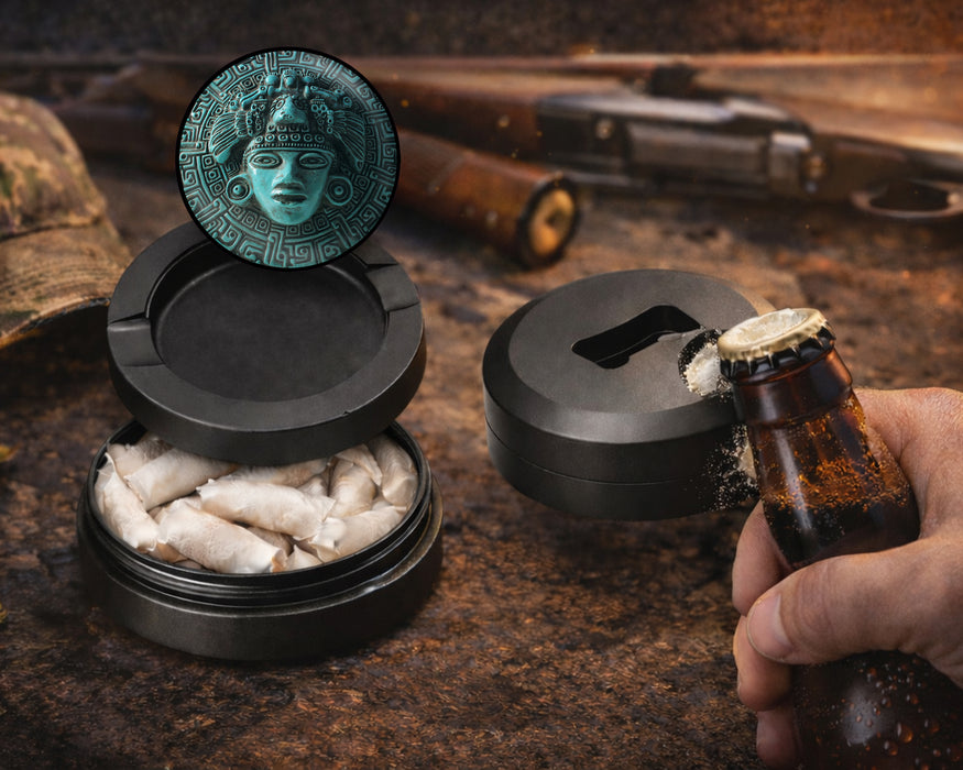 Aztec Turquoise Sun Mask Snus Storage Case Bottle Opener