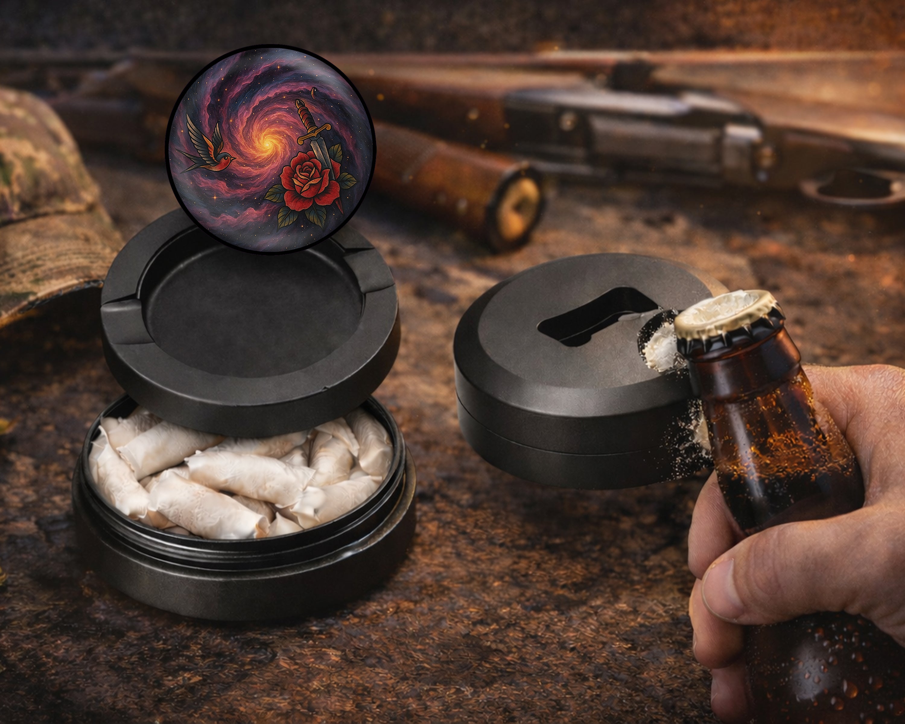 Black Hole Galaxy Spiral with Red Rose Snus Storage Case Bottle Opener
