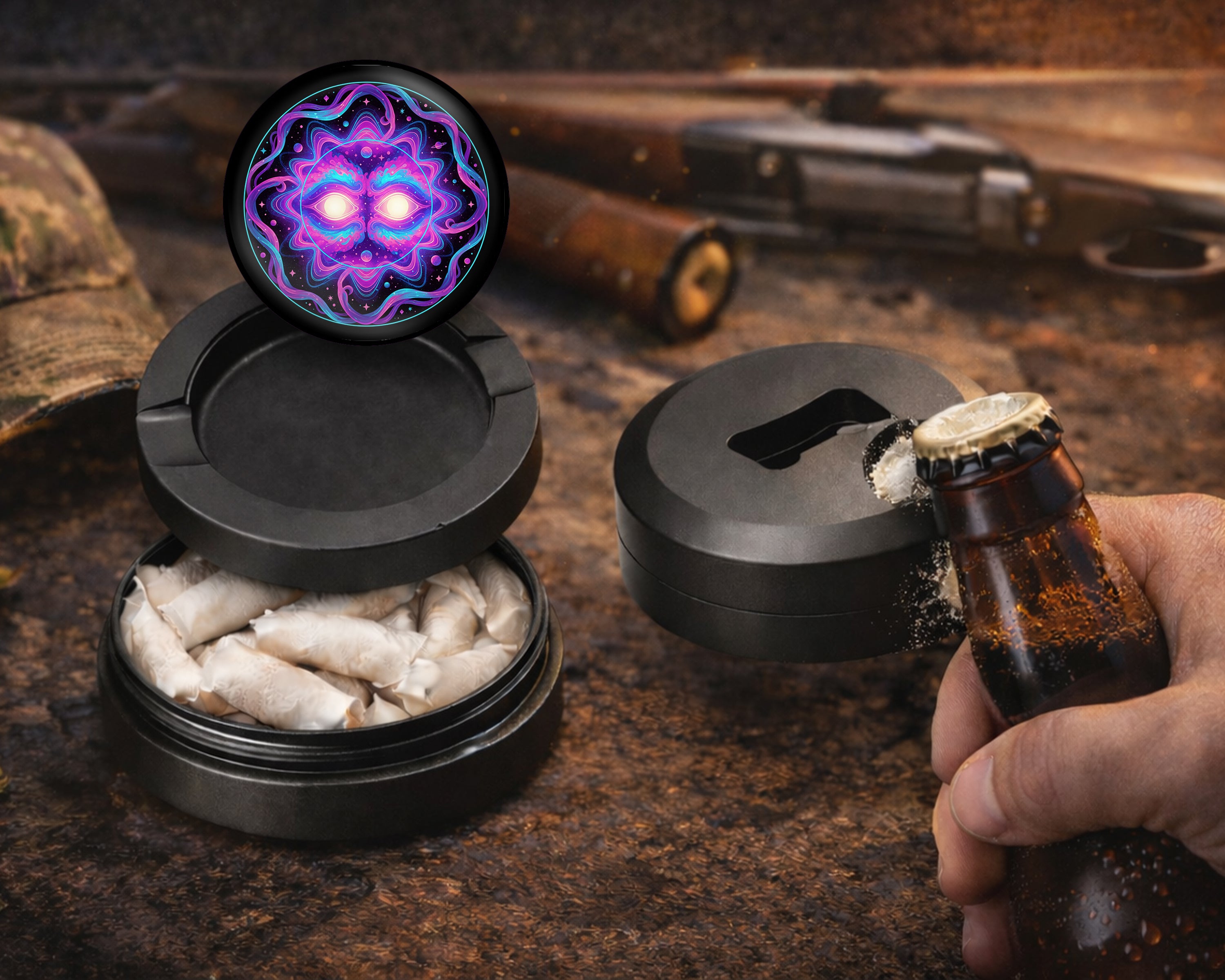 Psychedelic Cosmic Sun Face Snus Storage Case Bottle Opener
