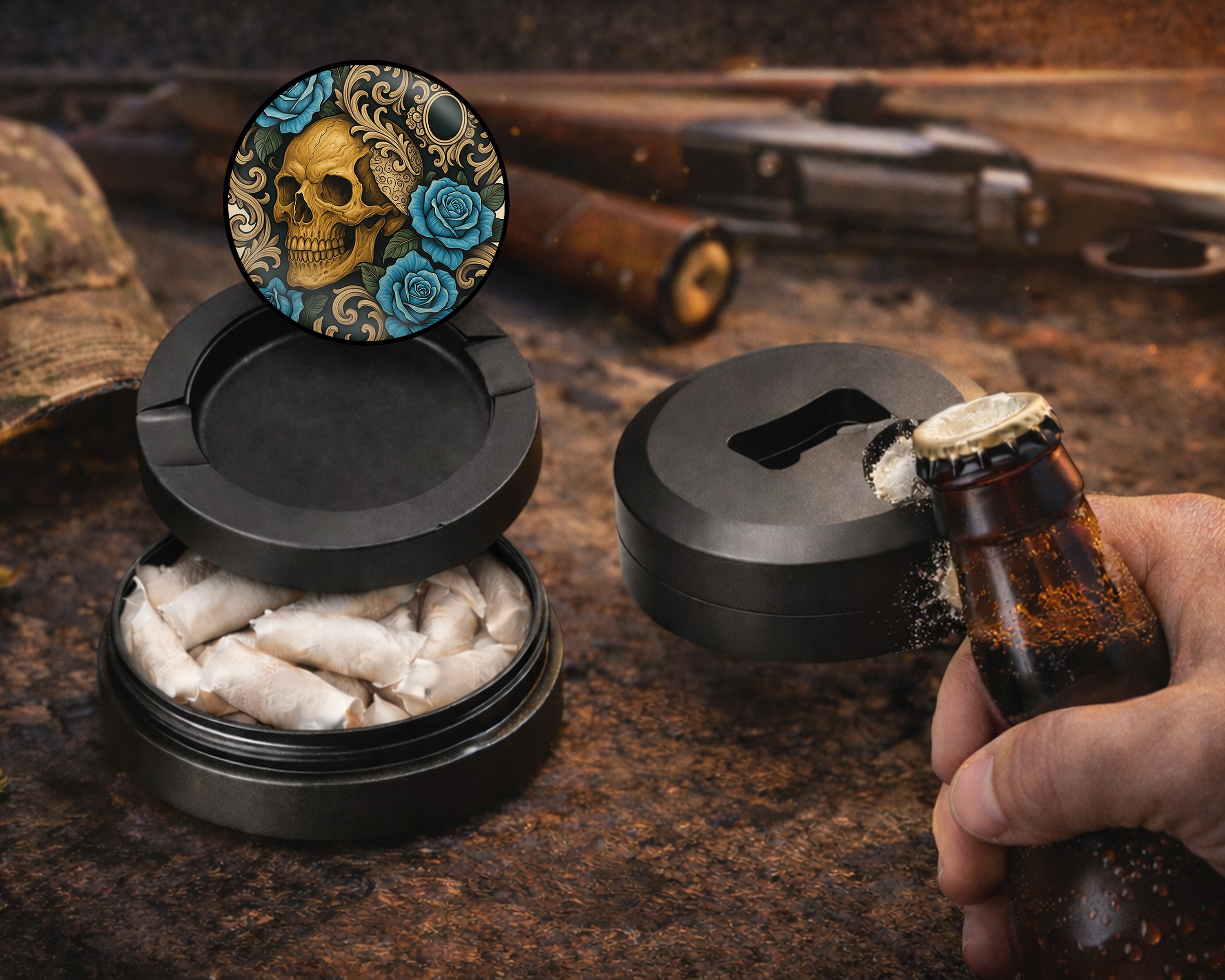 Gothic Skull with Roses and Chains Tattoo Aesthetic Snus Storage Case Bottle Opener