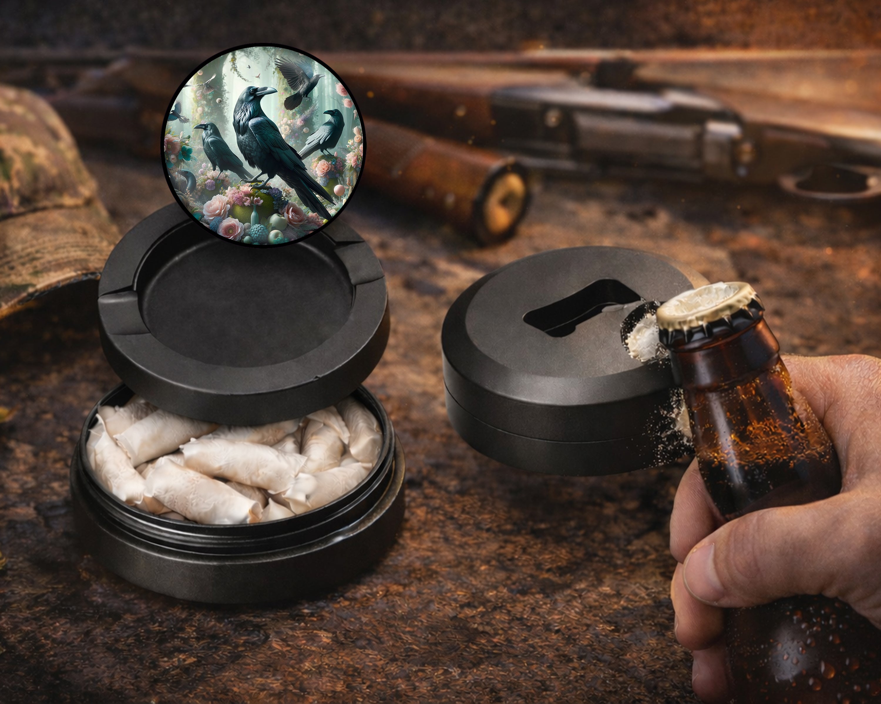 Psychedelic Ravens Goblincore Snus Storage Case Bottle Opener