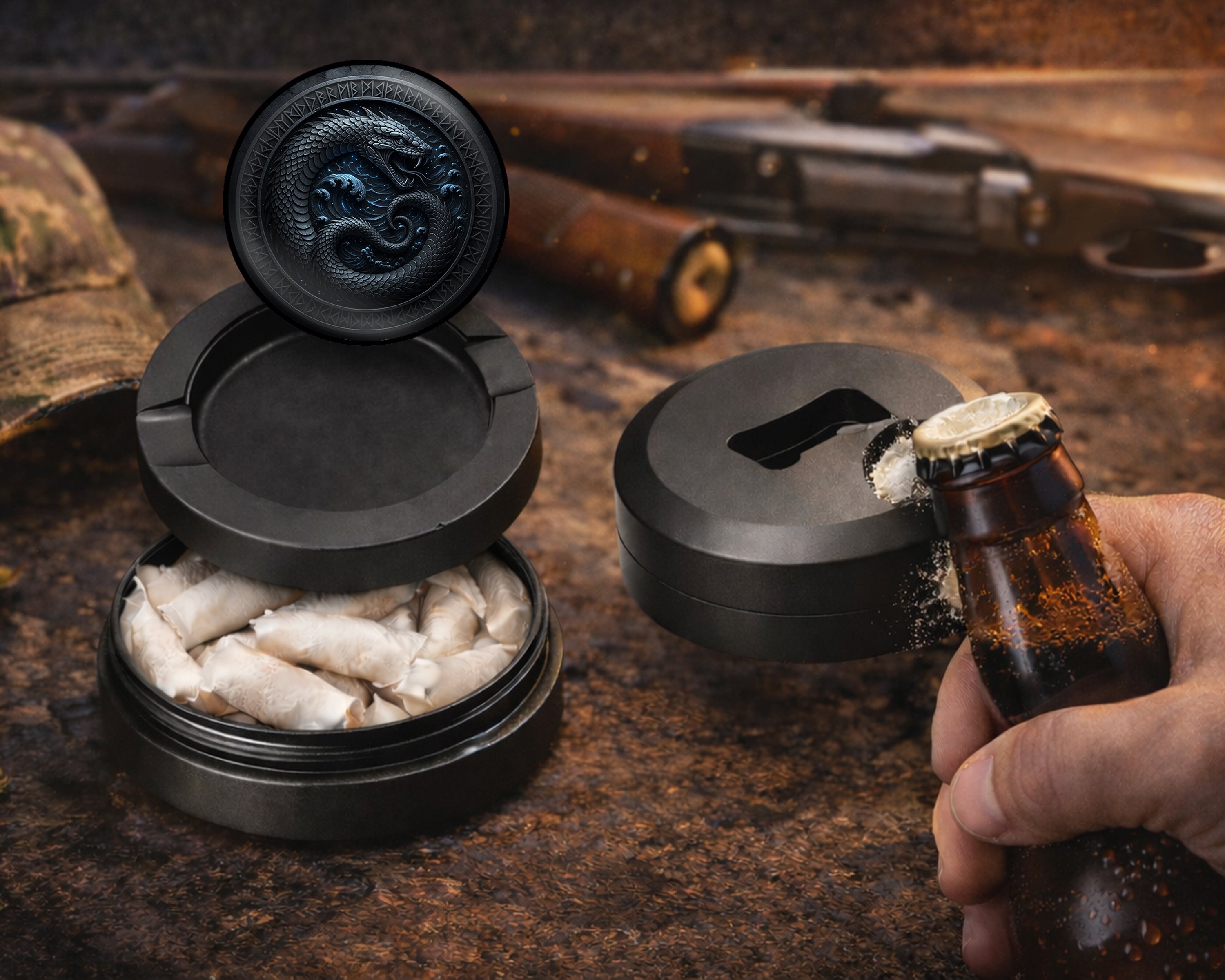 Runic Sea Serpent Emblem Snus Storage Case Bottle Opener