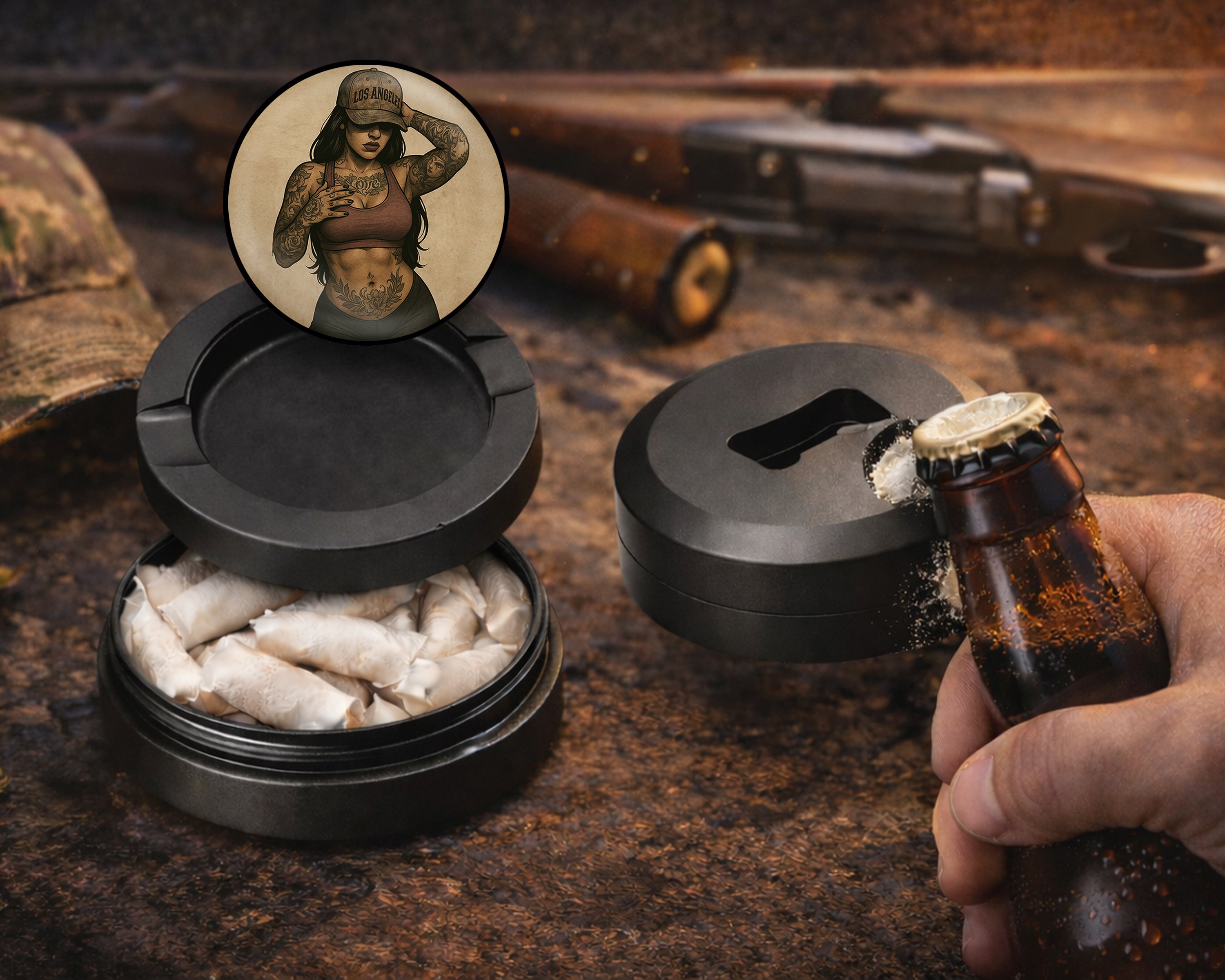 Tough Tattooed Woman with Bandana Pin-Up Vibes Snus Storage Case Bottle Opener