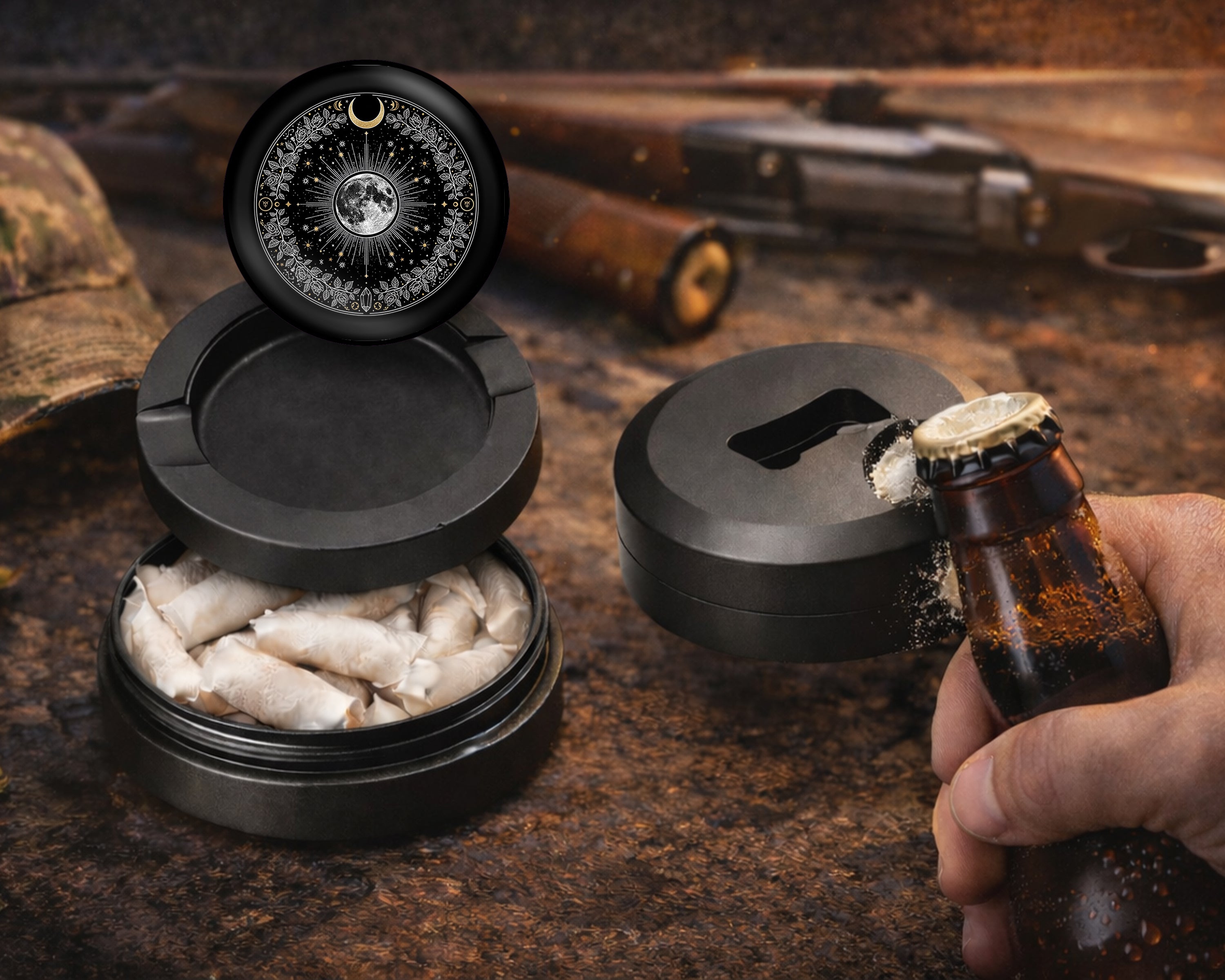 Lunar Bloom Celestial Circle Snus Storage Case Bottle Opener