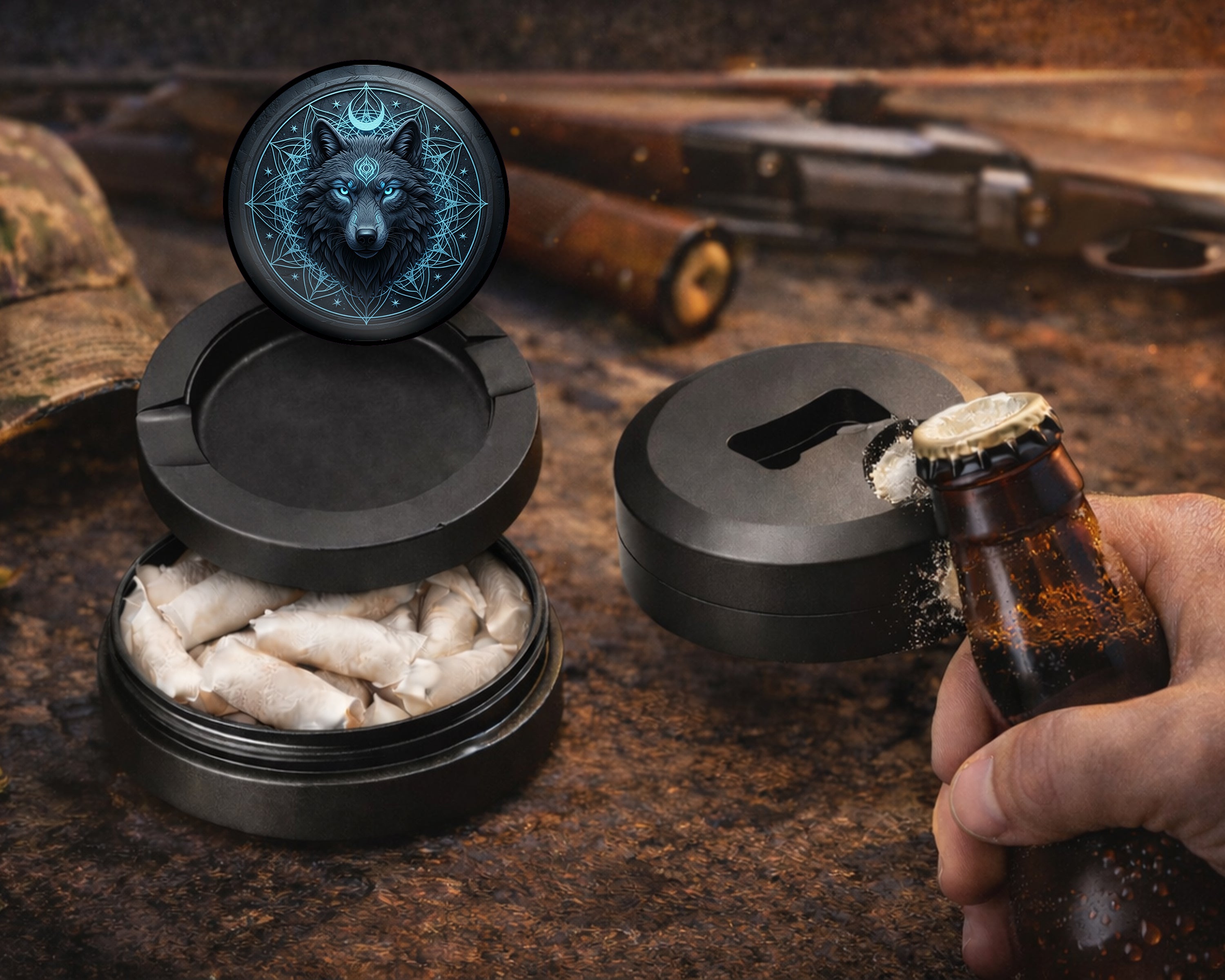 Mystic Lunar Wolf Sigil Snus Storage Case Bottle Opener