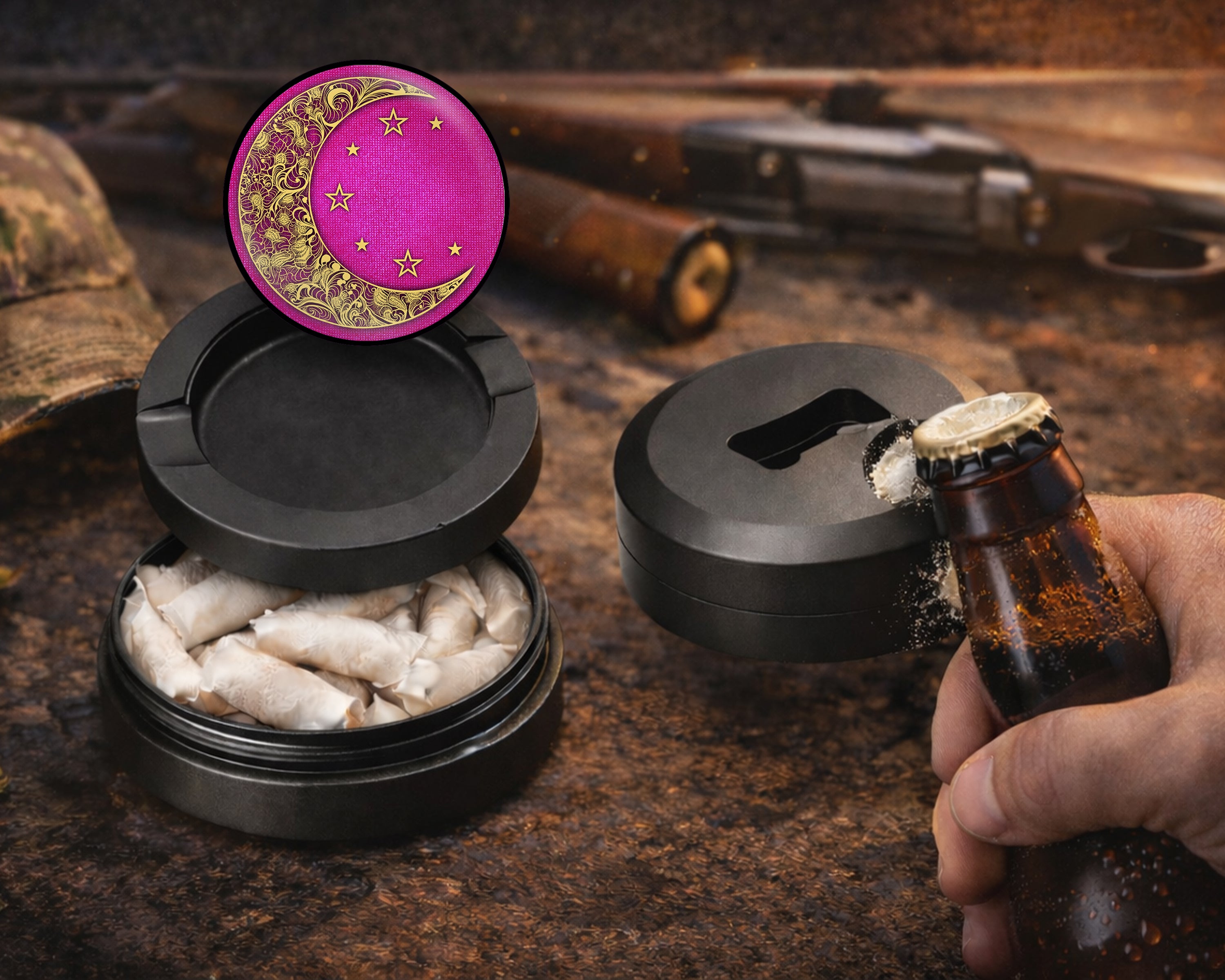 Girly Pink Crescent Moon and Stars Snus Storage Case Bottle Opener
