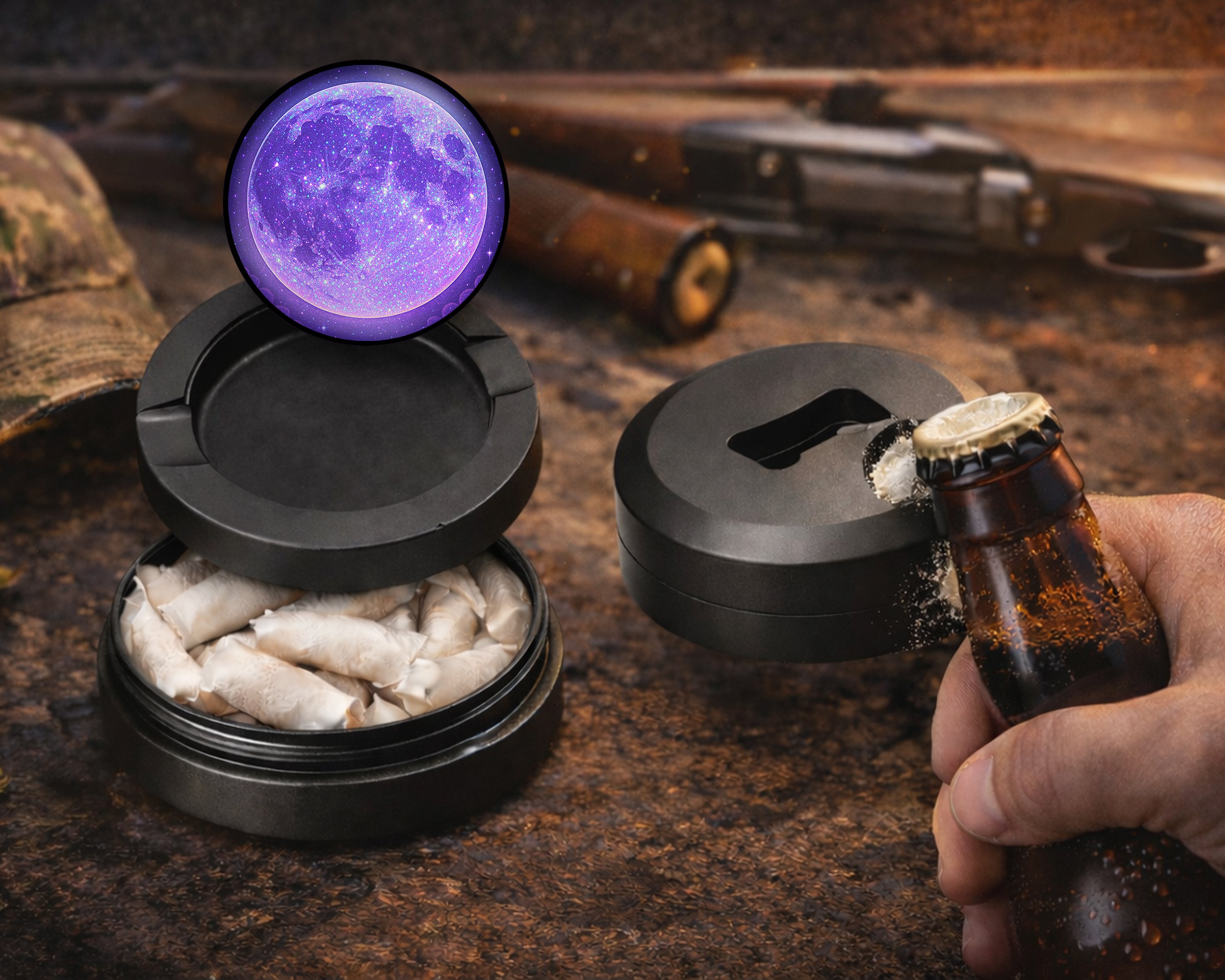 Purple Galaxy Moon with Starscape Snus Storage Case Bottle Opener