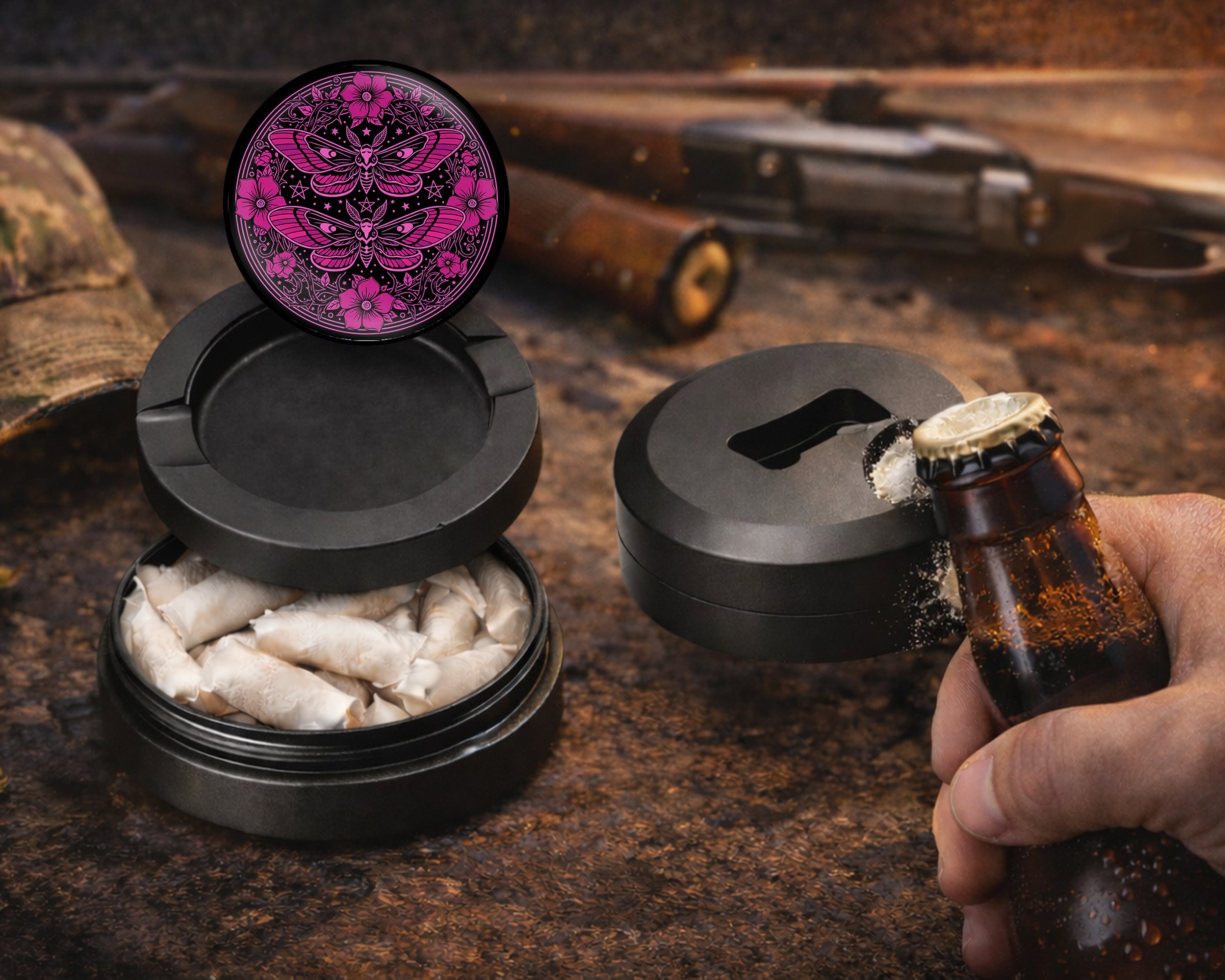Gothic Moth Magic Mandala Snus Storage Case Bottle Opener