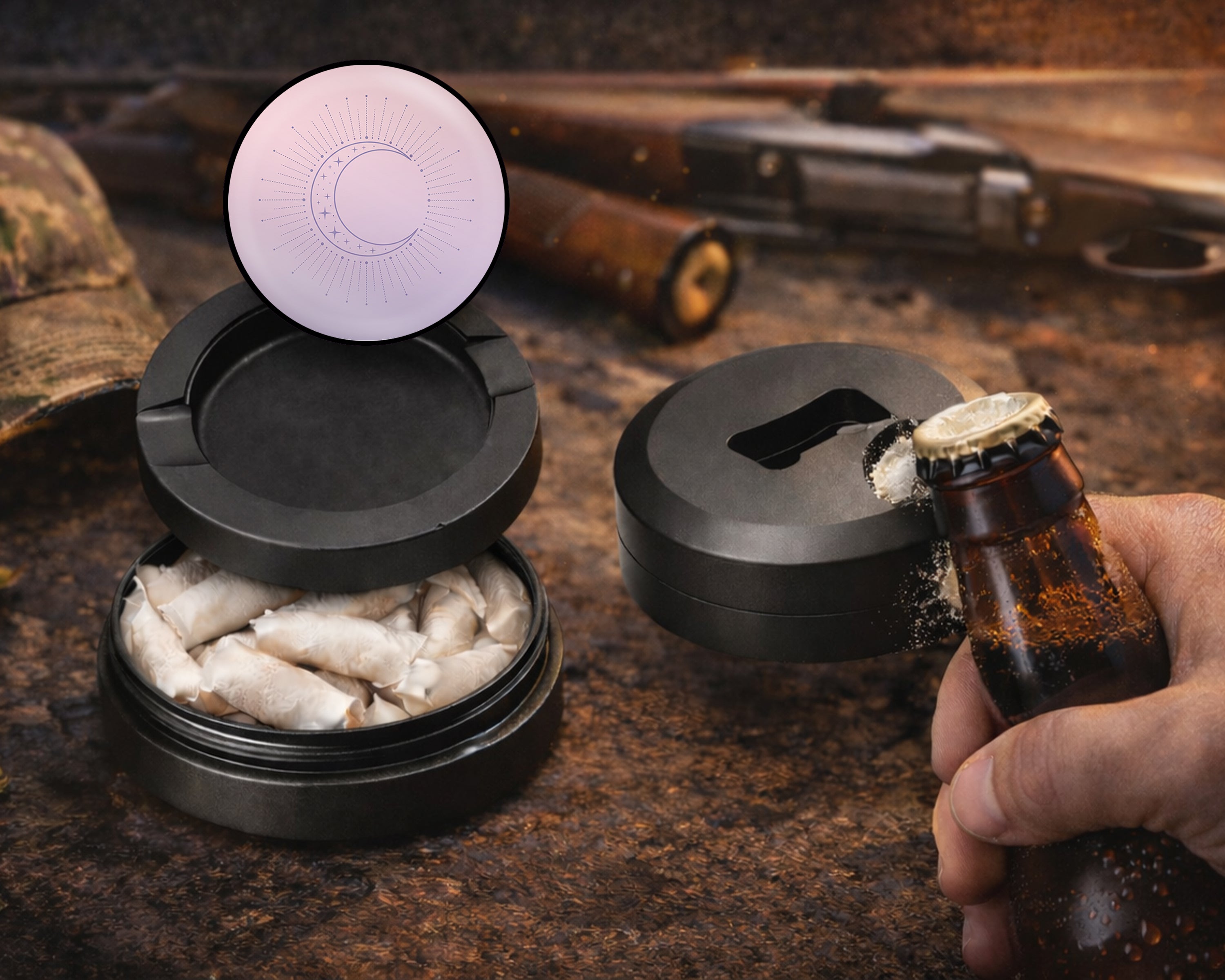 Minimalist Crescent Moon Magic Snus Storage Case Bottle Opener