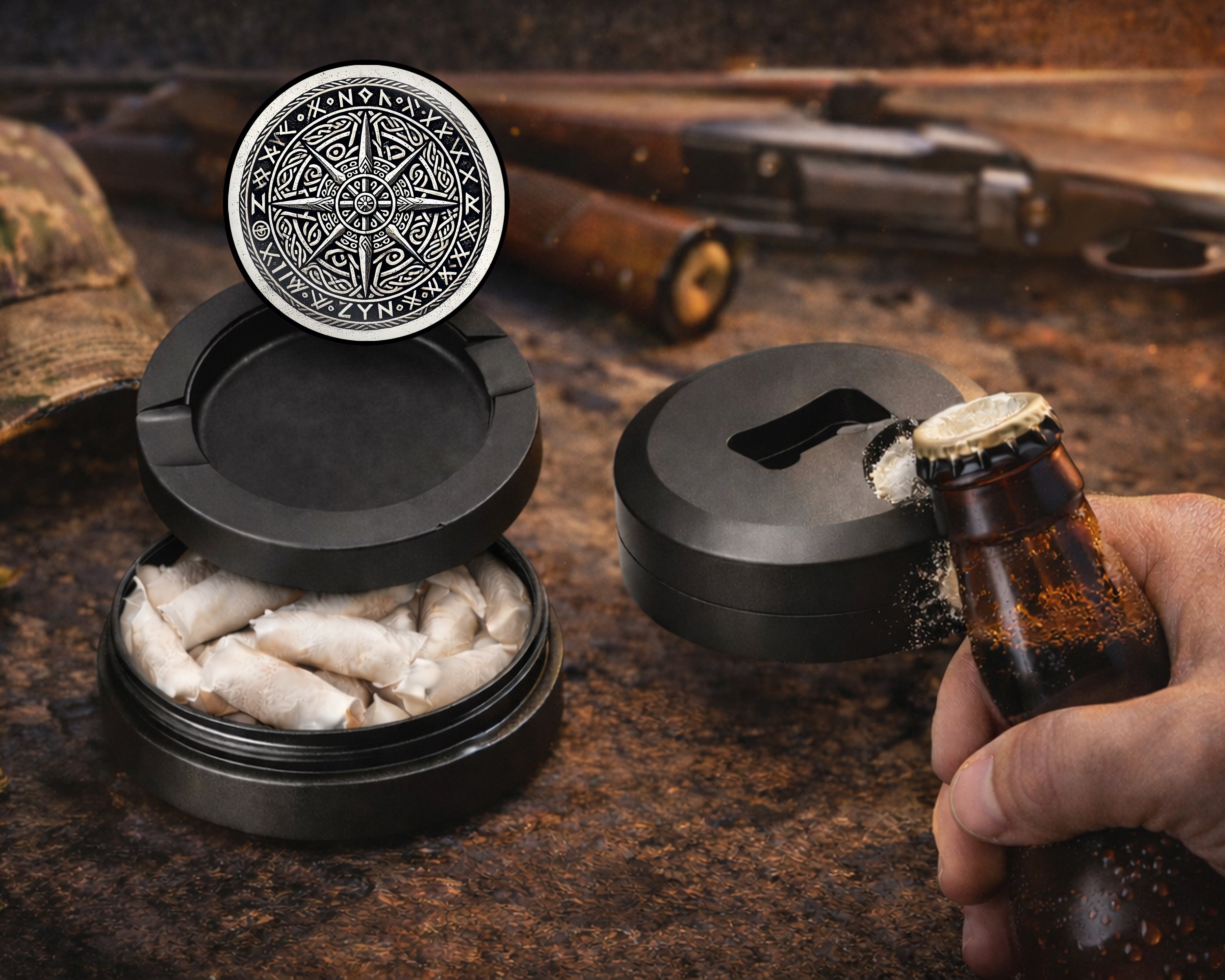 Nordic Compass Rune Emblem Snus Storage Case Bottle Opener