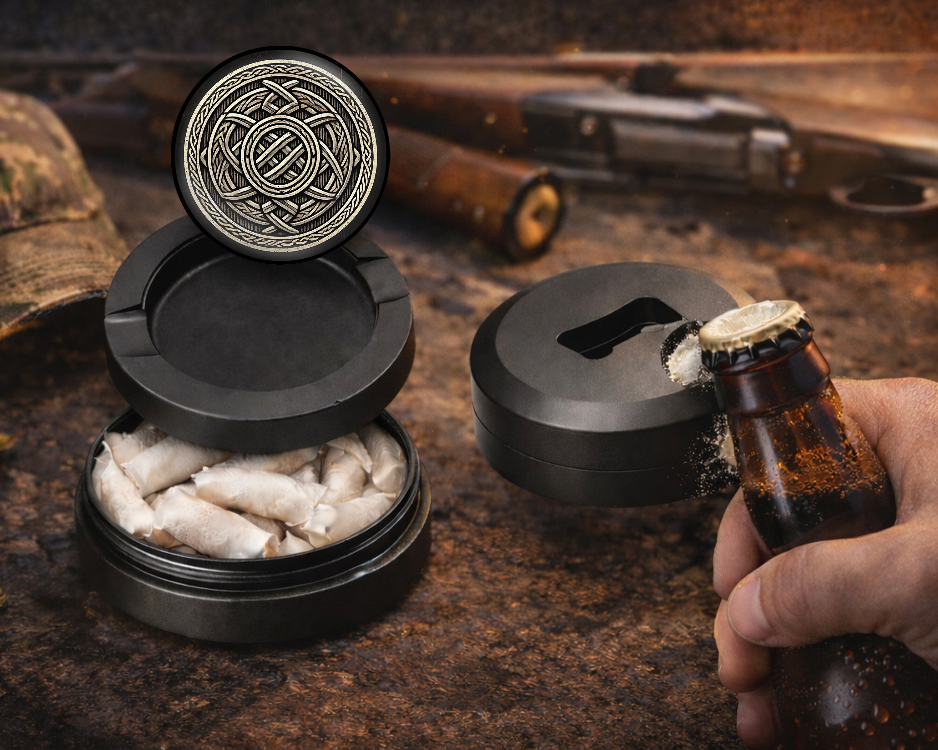 Nordic Knotwork Shield Emblem Snus Storage Case Bottle Opener