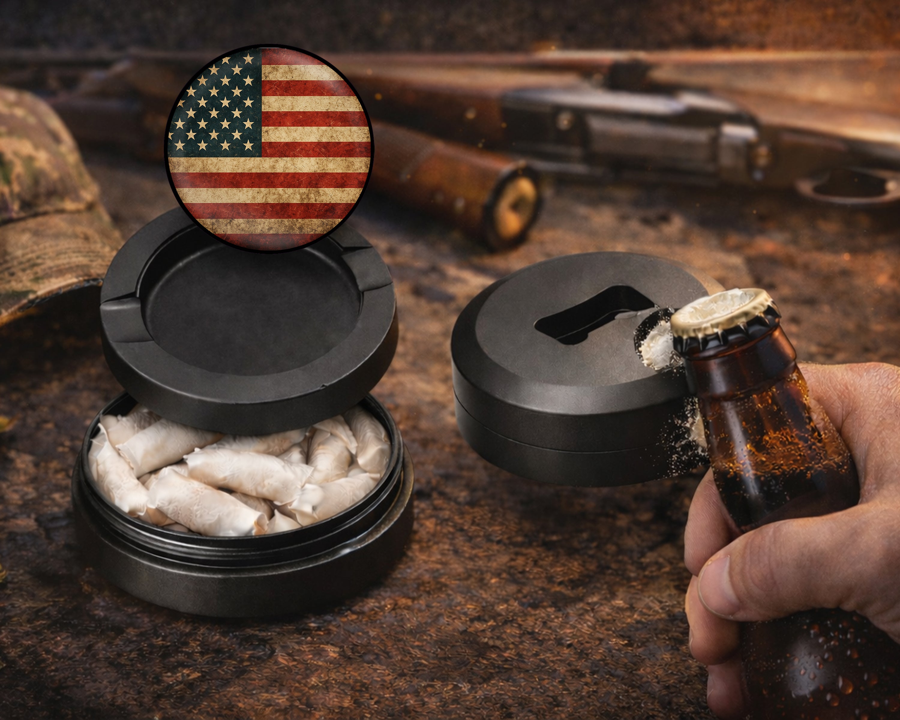 Rustic American Flag Snus Storage Case Bottle Opener