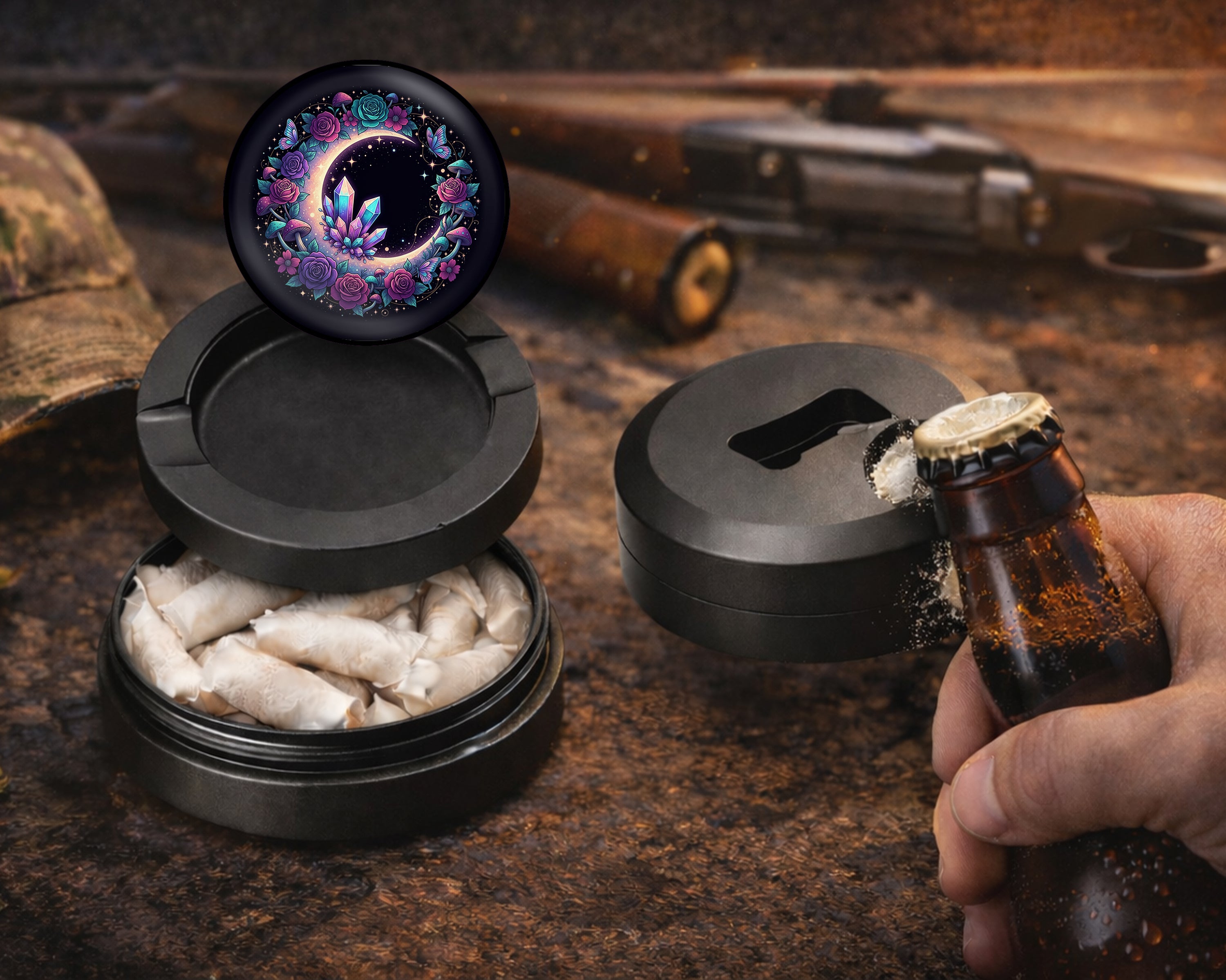 Floral Crescent Crystal Garden Snus Storage Case Bottle Opener