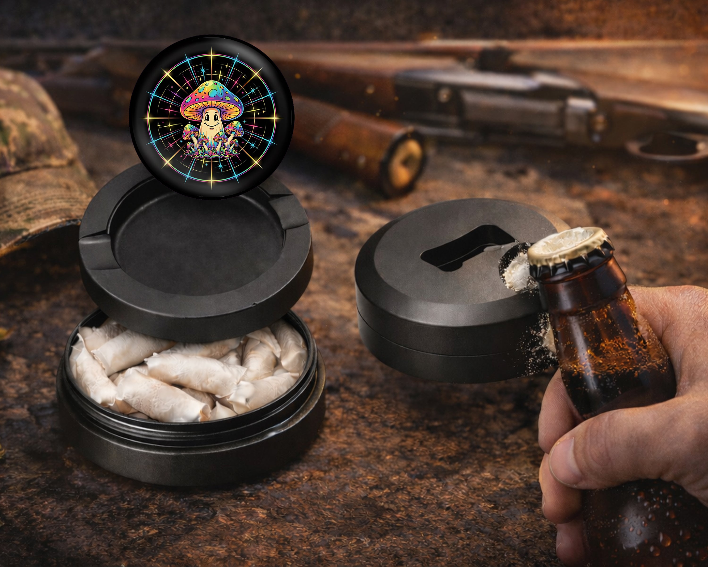 Trippy Rainbow Mushroom Crew Snus Storage Case Bottle Opener