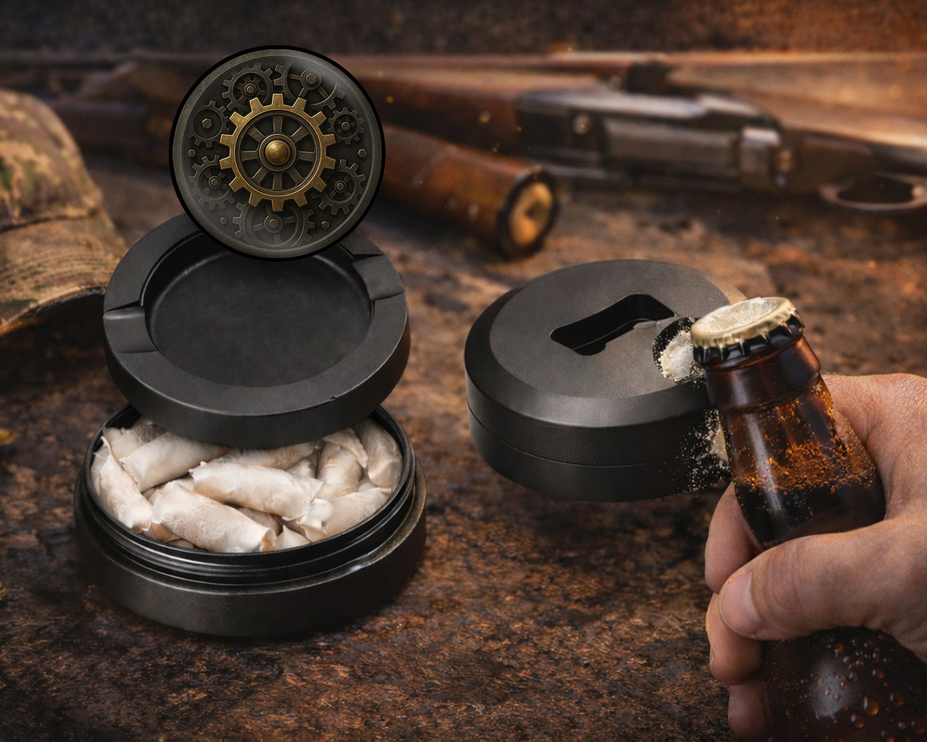 Steampunk Gear Clockwork Circle Art Snus Storage Case Bottle Opener
