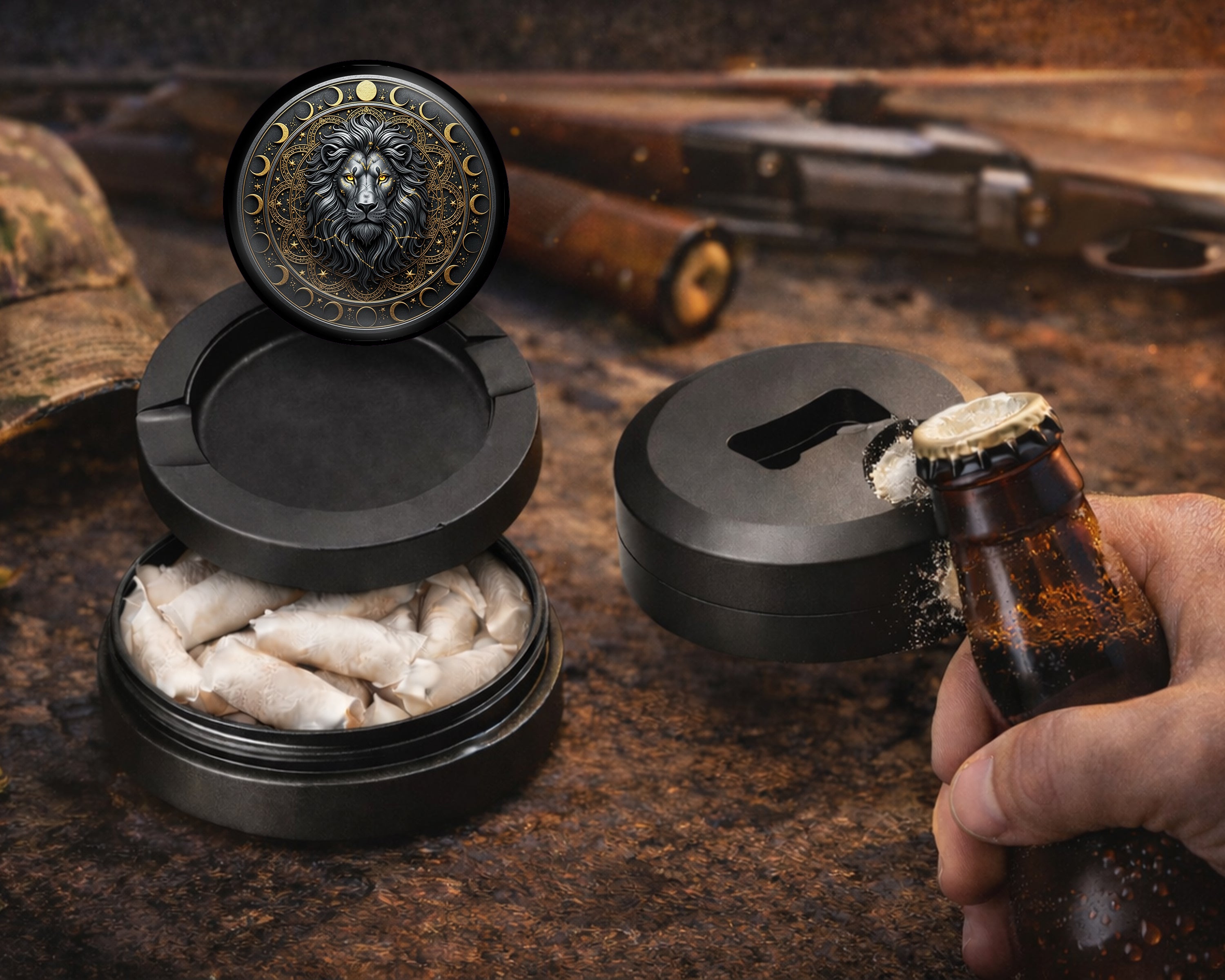 Celestial Moonphase Lion Crest Snus Storage Case Bottle Opener