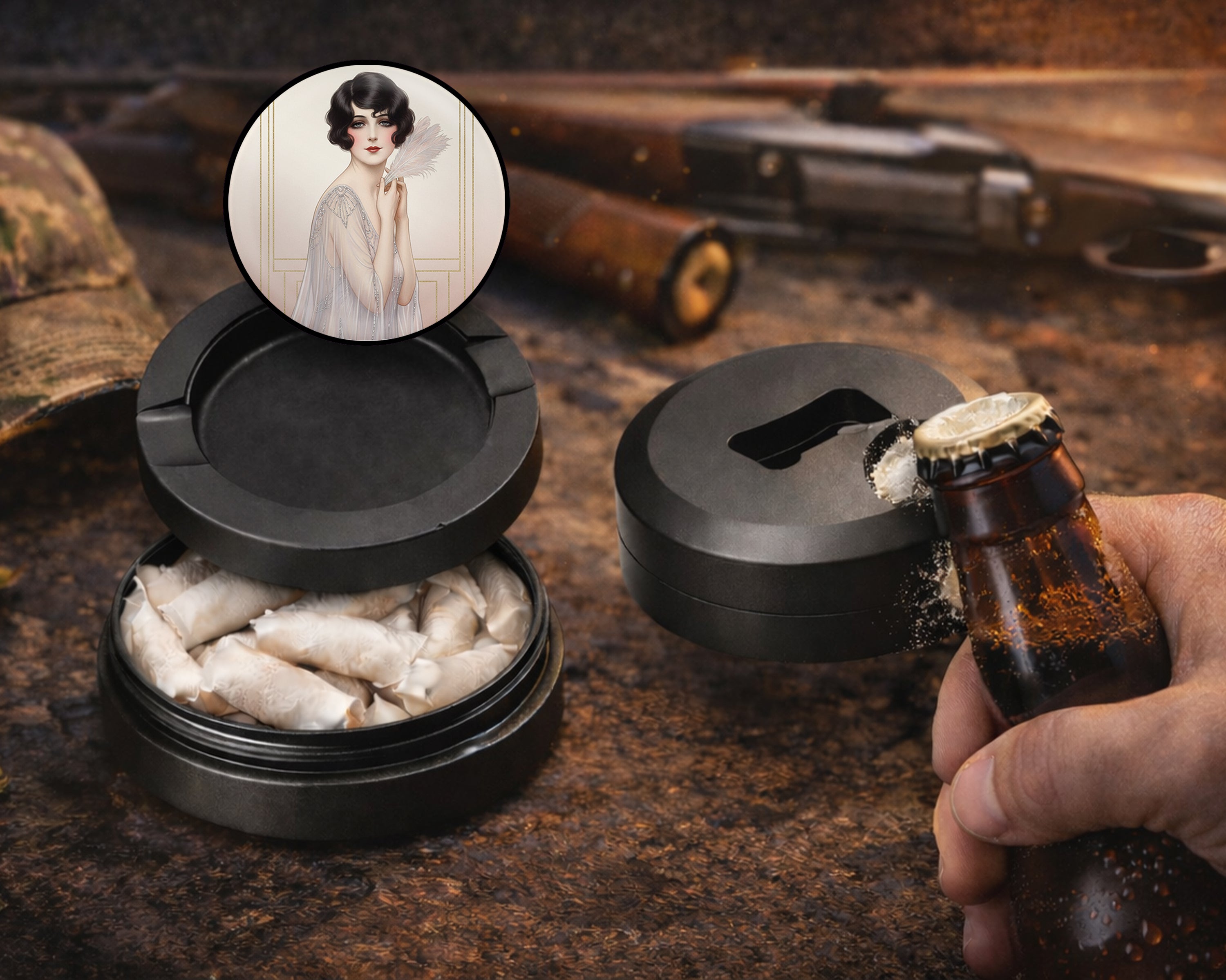 Elegant Deco Feather Muse Snus Storage Case Bottle Opener