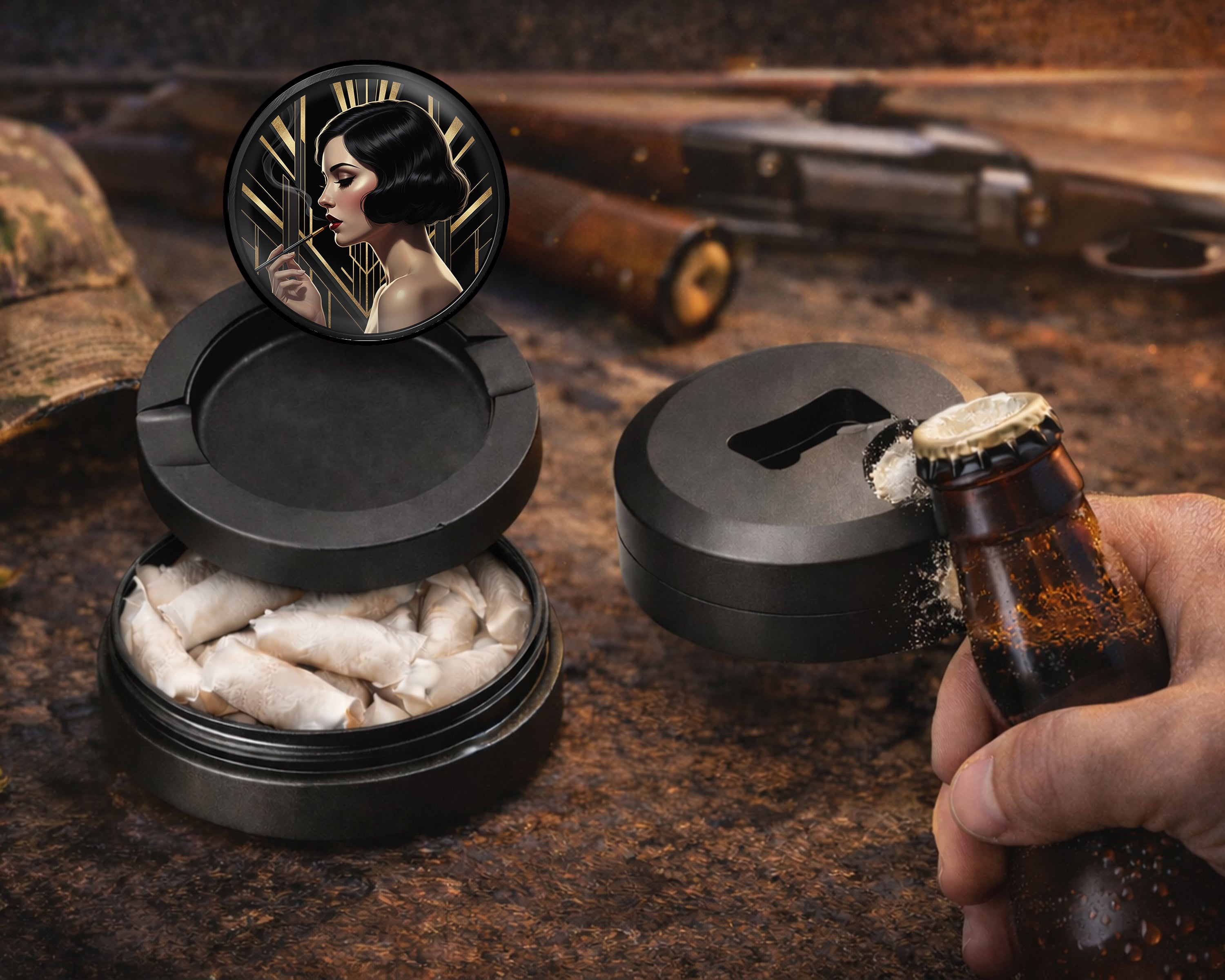 Glamorous Art Deco Flapper Snus Storage Case Bottle Opener