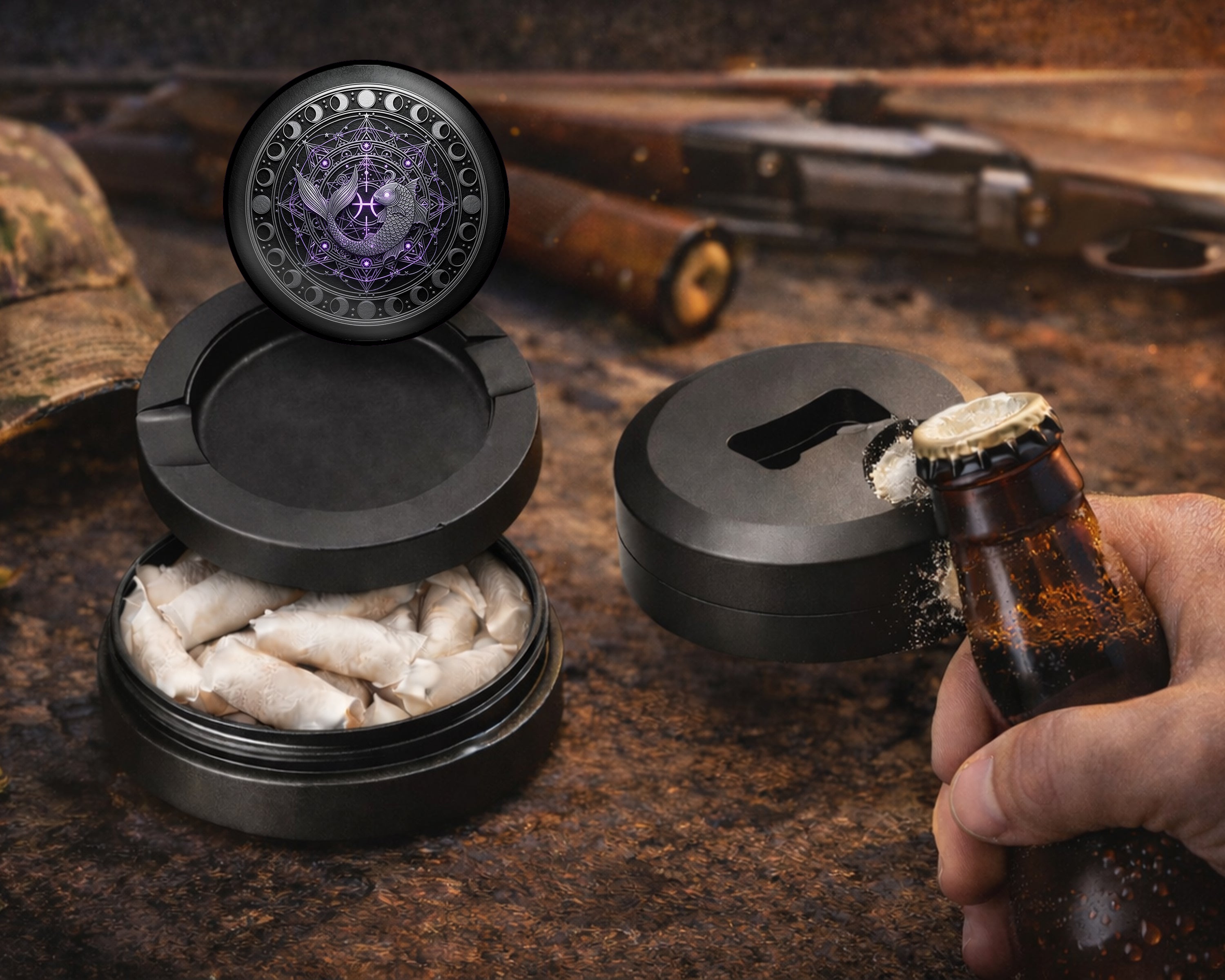 Mystic Pisces Moon Mandala Snus Storage Case Bottle Opener