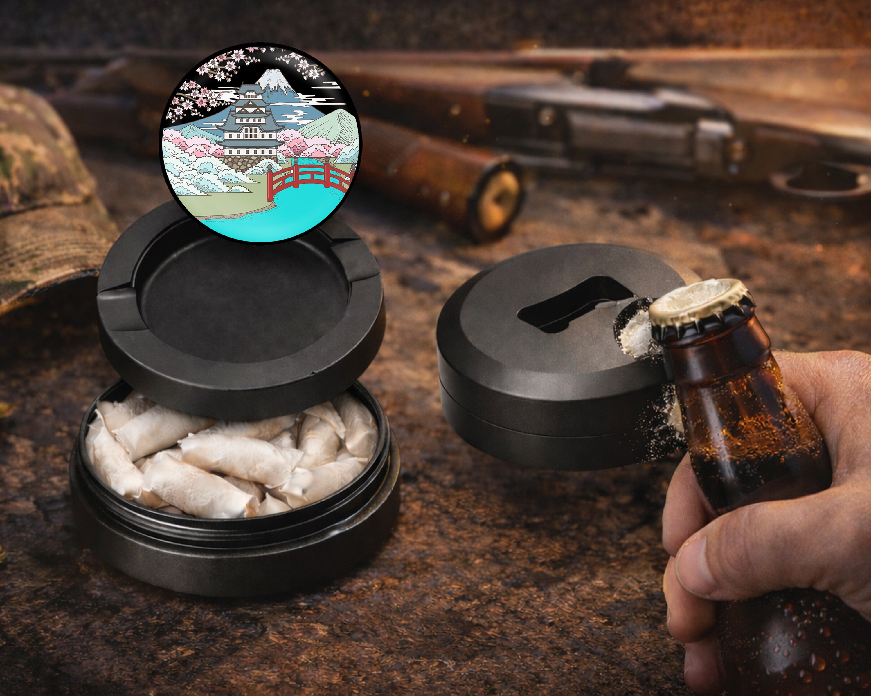 Japanese Style Traditional Landscape Sakura Snus Storage Case Bottle Opener