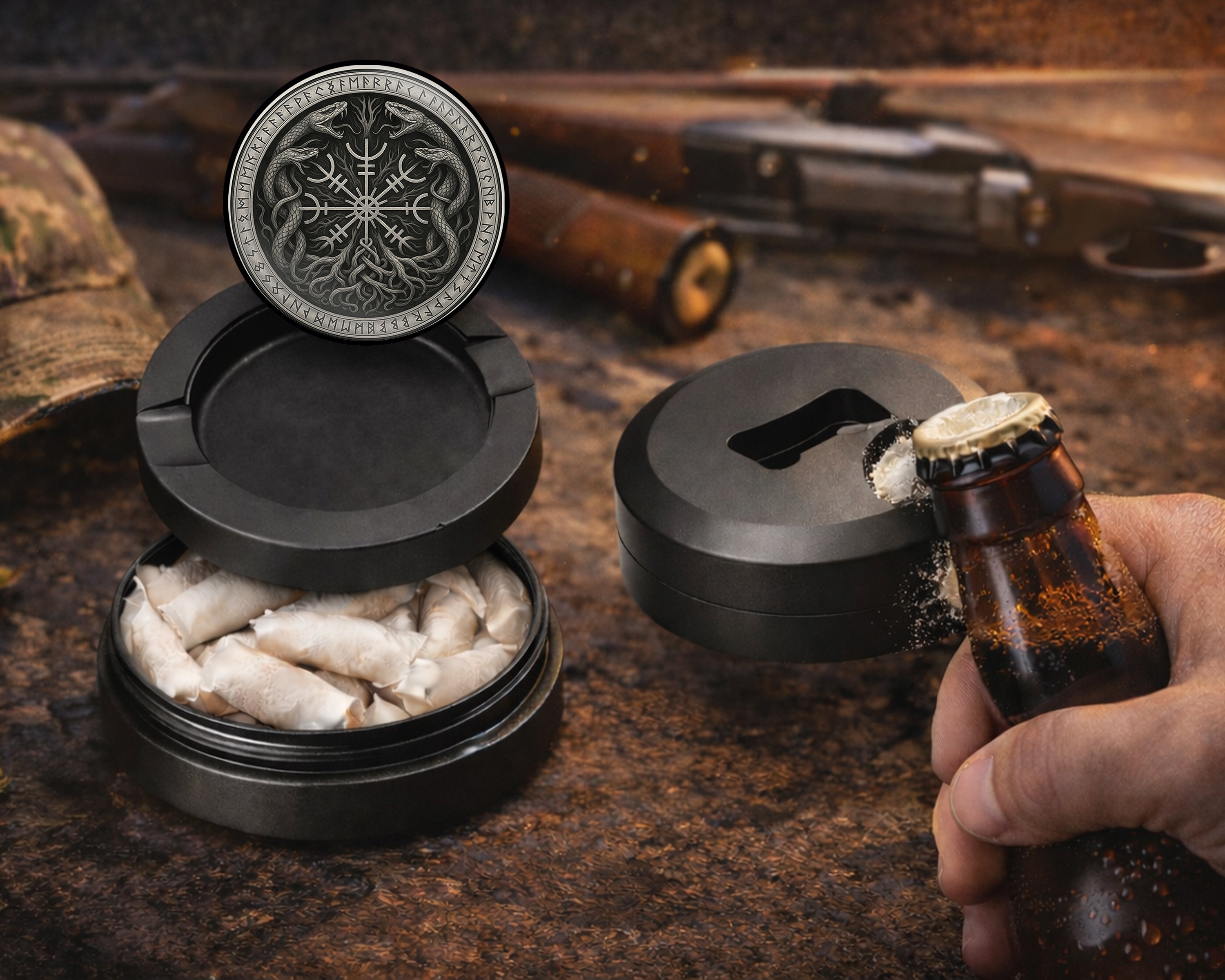 Runic Serpents Norse Sigil Snus Storage Case Bottle Opener