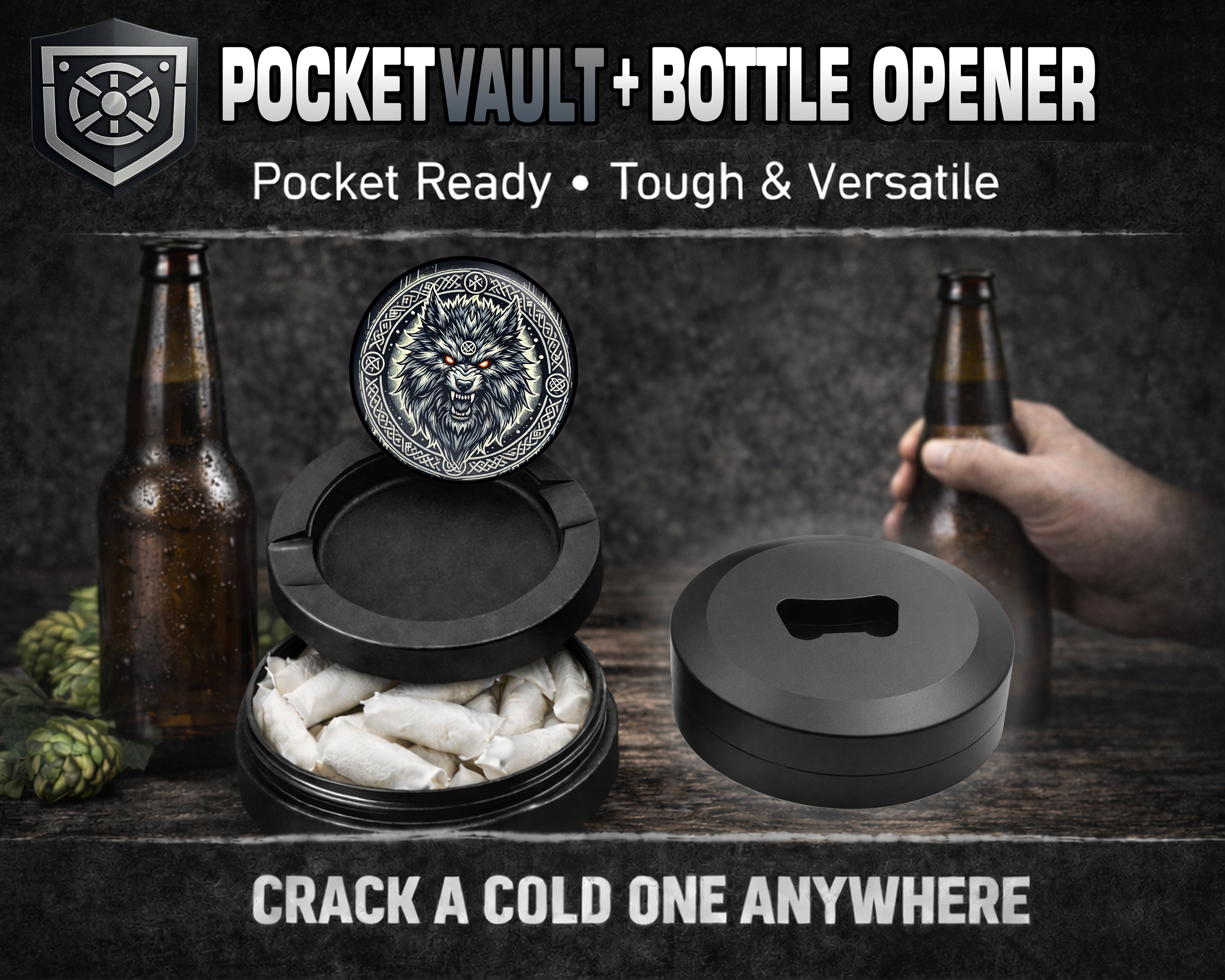 Giant Norse Wolf Fenrir Snus Storage Case Bottle Opener