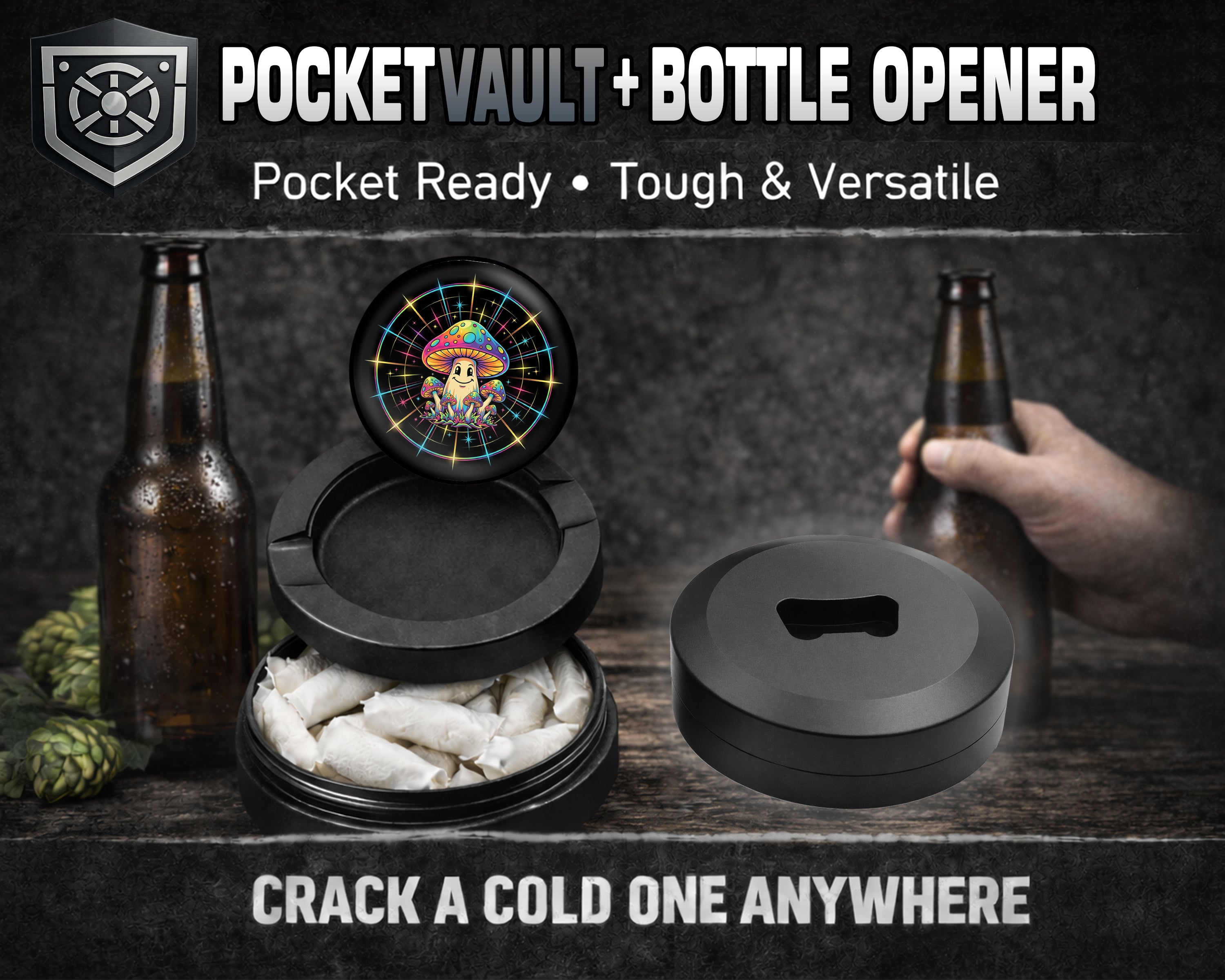 Trippy Rainbow Mushroom Crew Snus Storage Case Bottle Opener