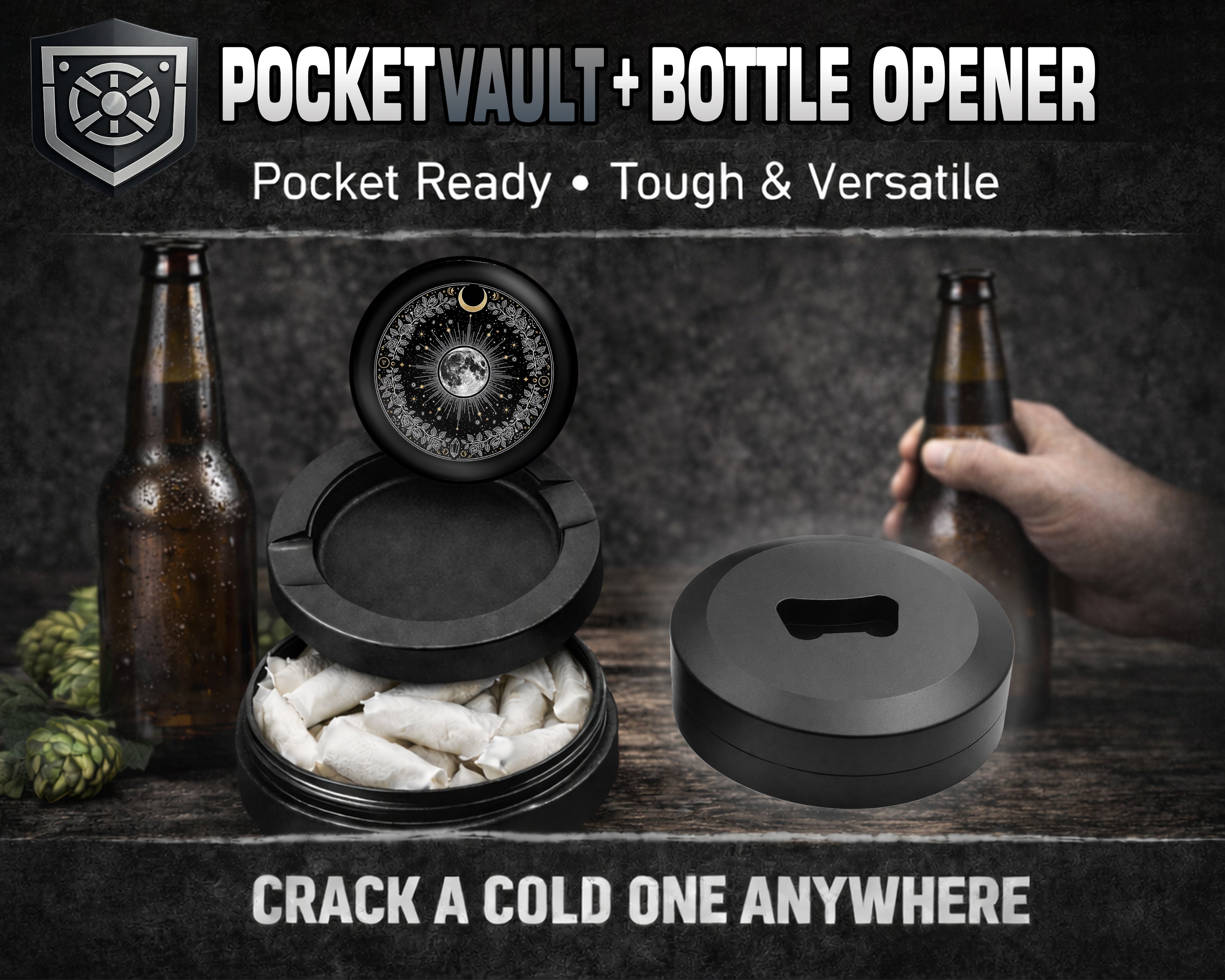 Lunar Bloom Celestial Circle Snus Storage Case Bottle Opener