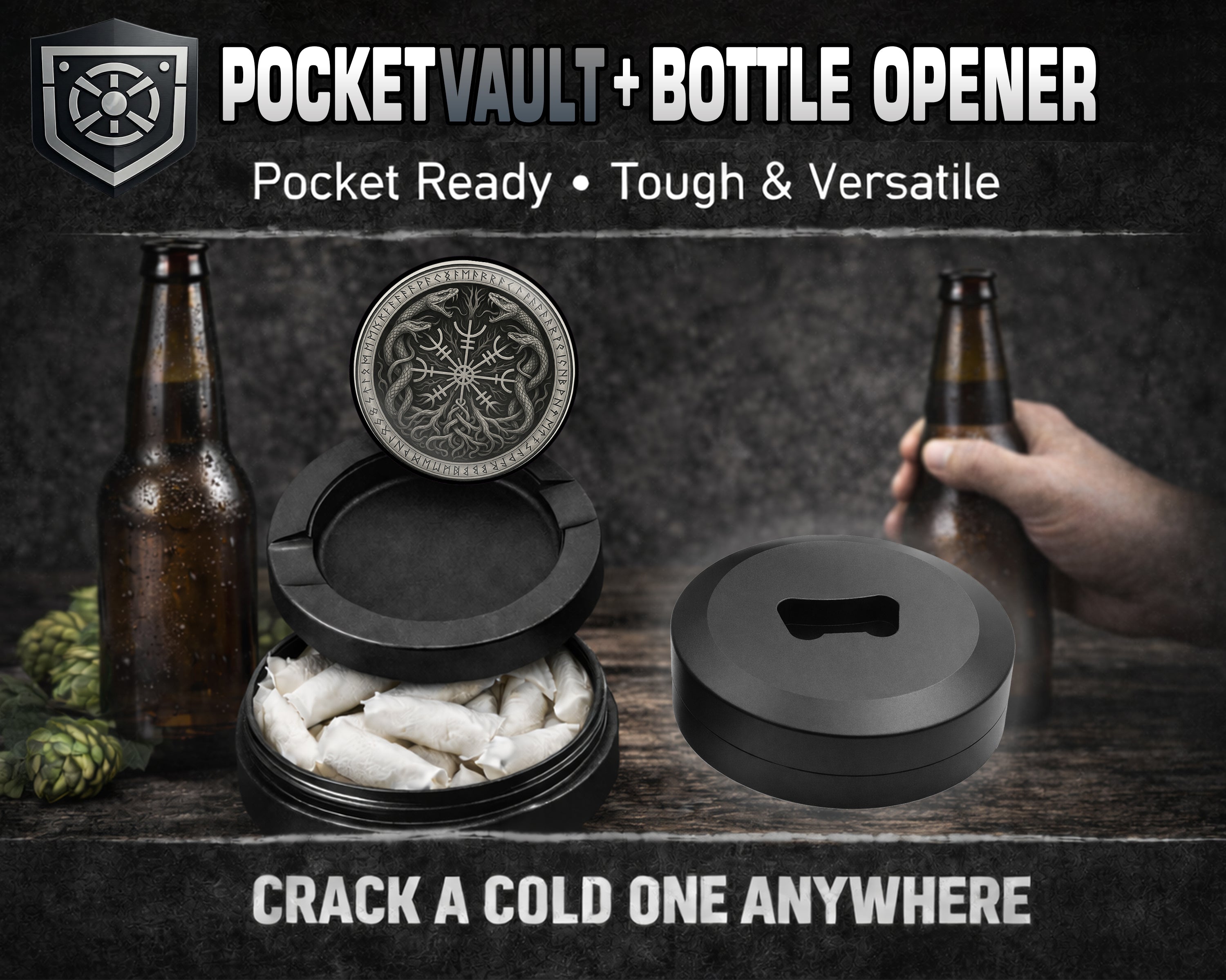 Runic Serpents Norse Sigil Snus Storage Case Bottle Opener