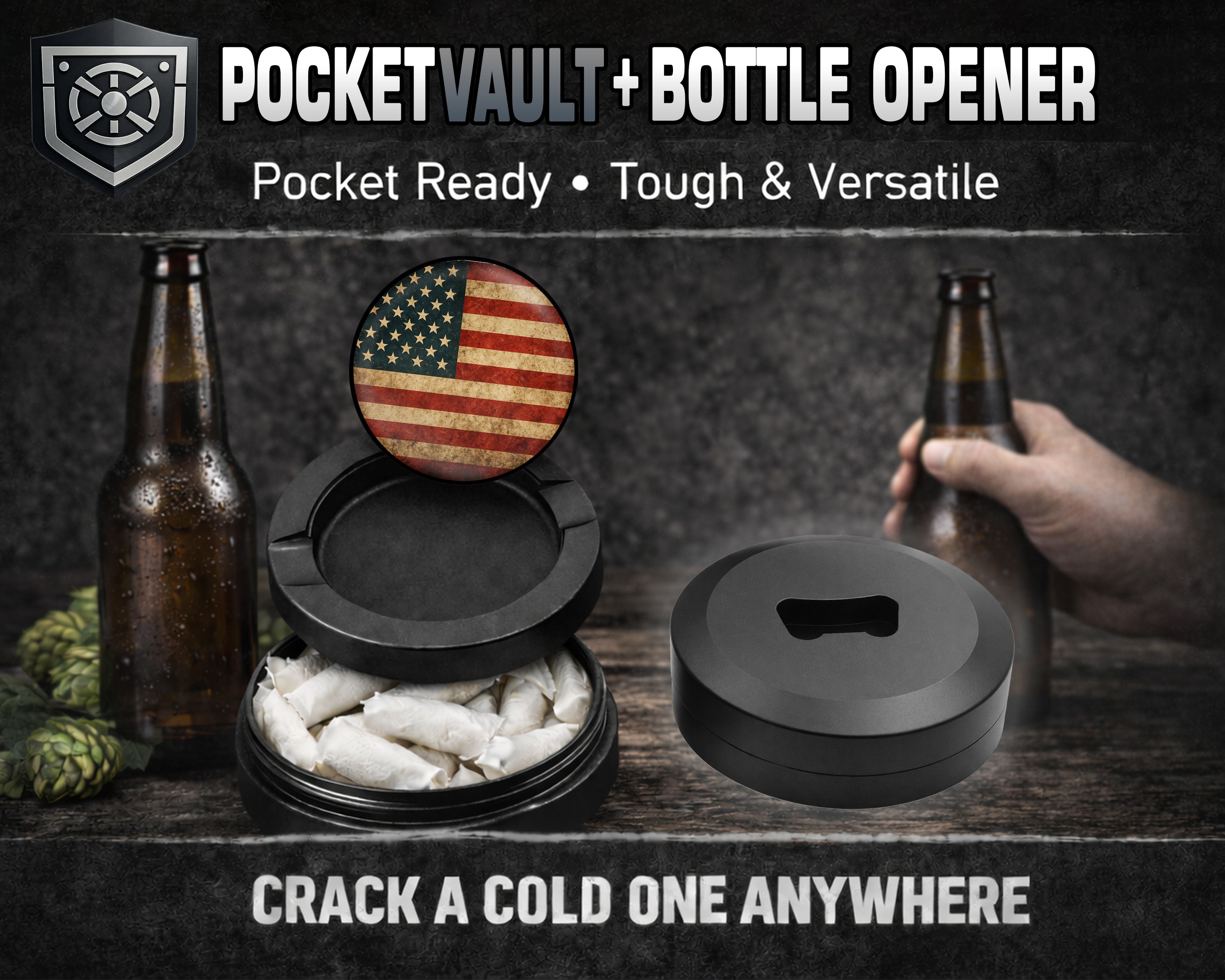 Rustic American Flag Snus Storage Case Bottle Opener