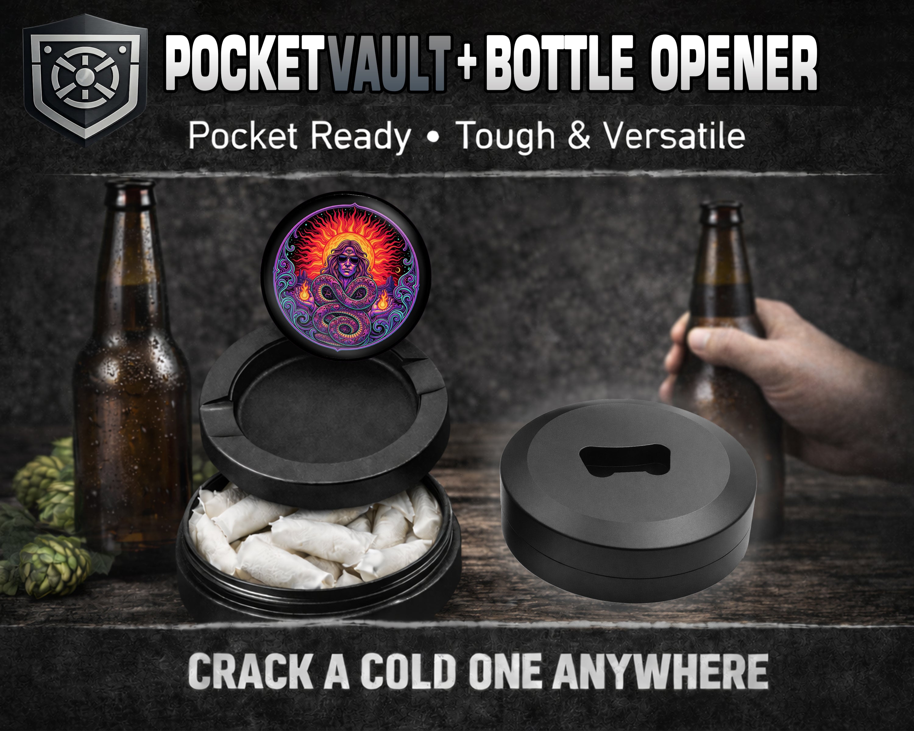Psychedelic Serpent Sun Shaman Snus Storage Case Bottle Opener